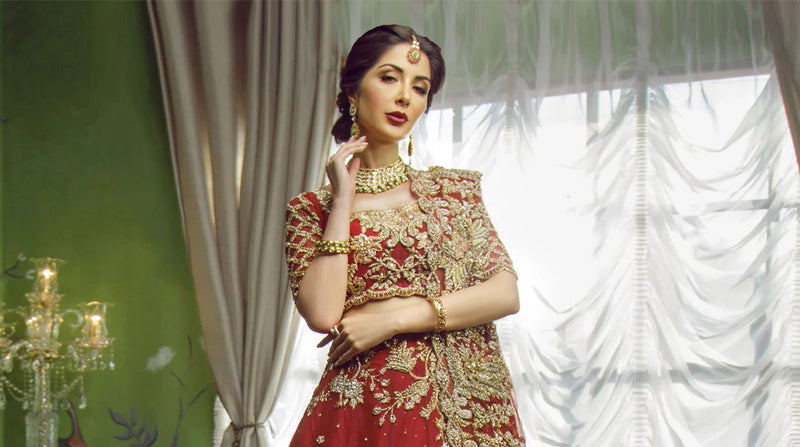 Amaryllis: Red Bridal Dress Pakistan Fine Jaali & Vines SFK