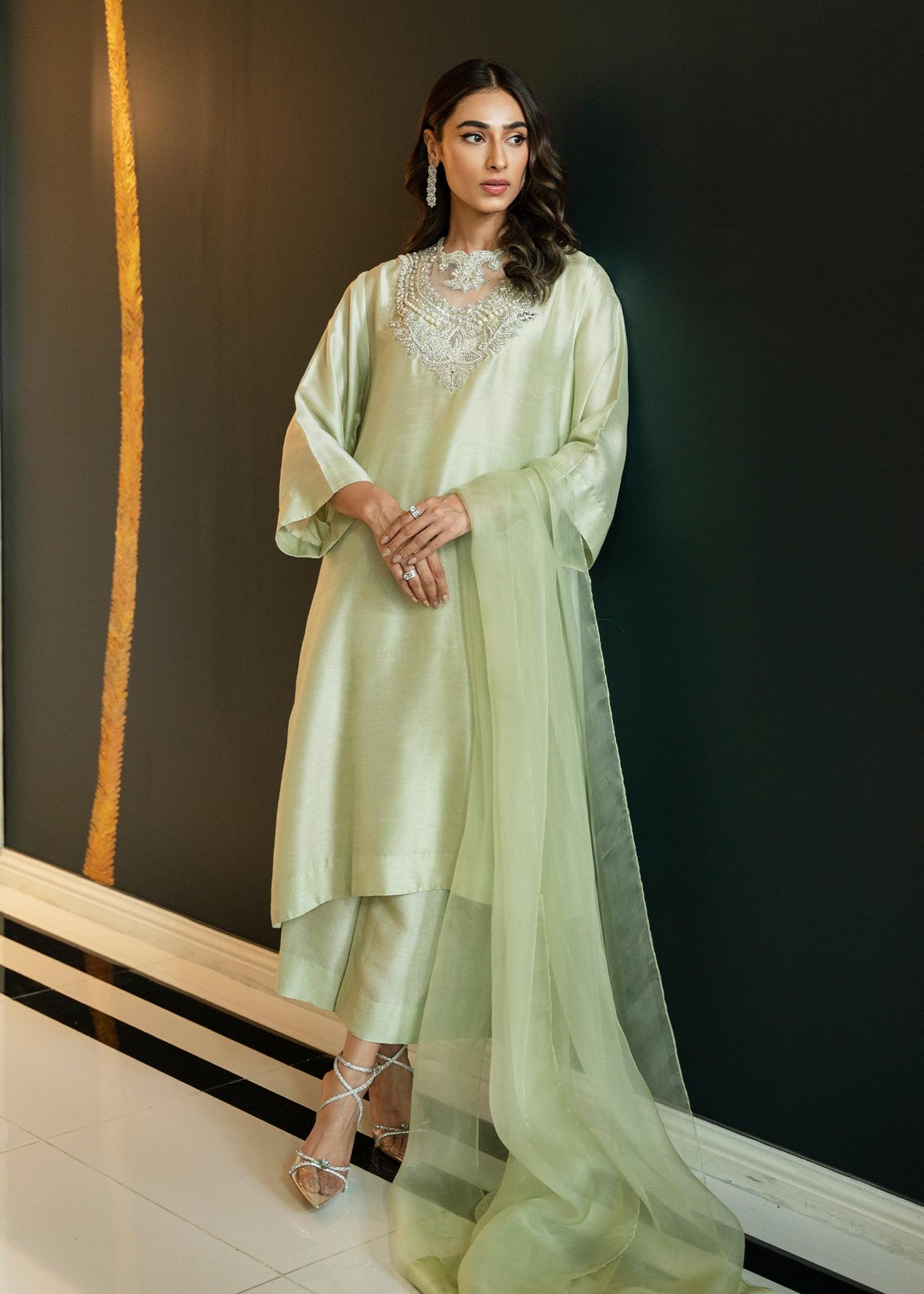 Bejewelled Mint Green by Sadaf Fawad Khan — side view | SFK Pret
