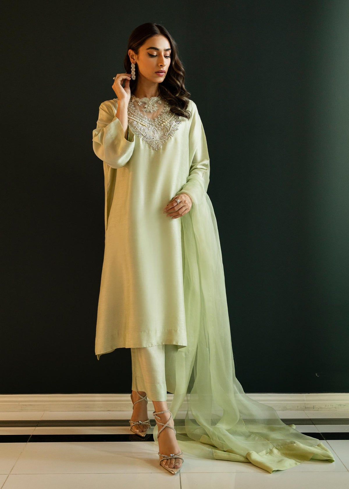 Bejewelled Mint Green by Sadaf Fawad Khan — full length view | SFK Pret