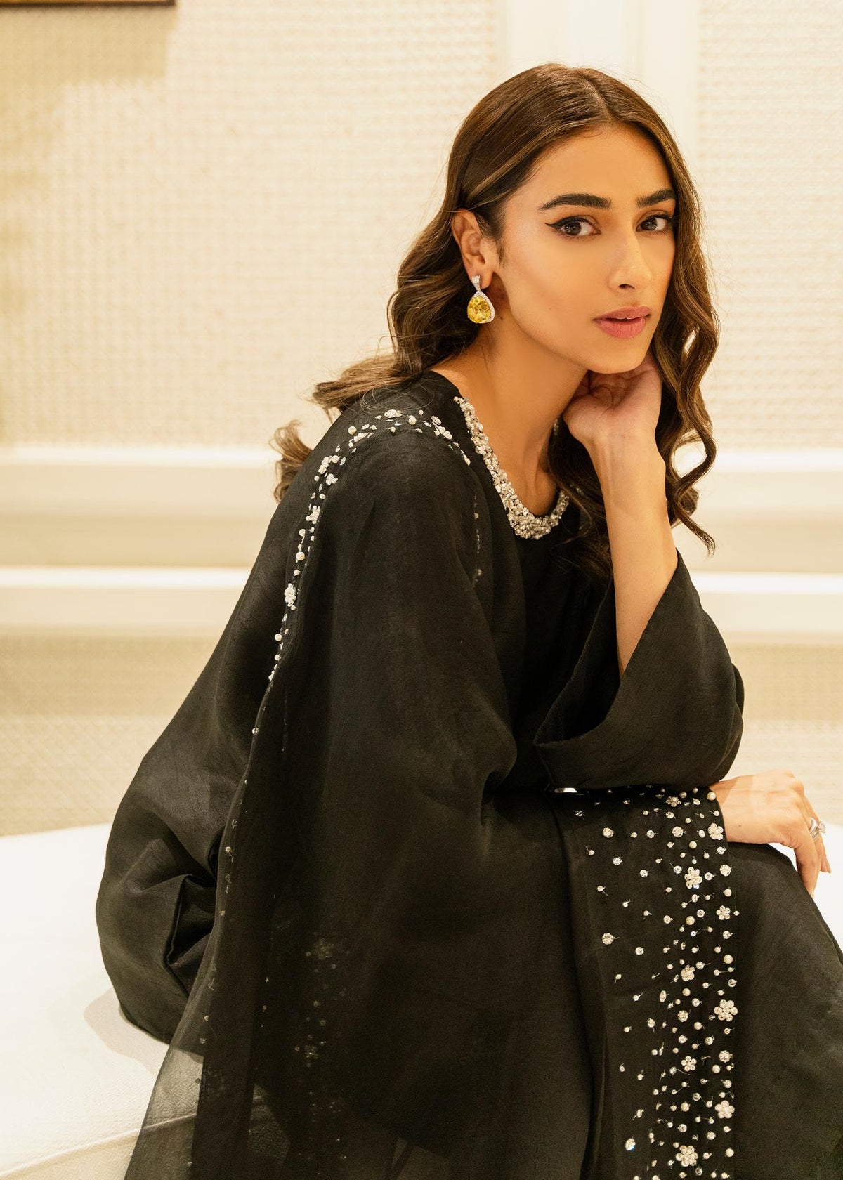 Crystal Charm Black by Sadaf Fawad Khan — side view | SFK Pret