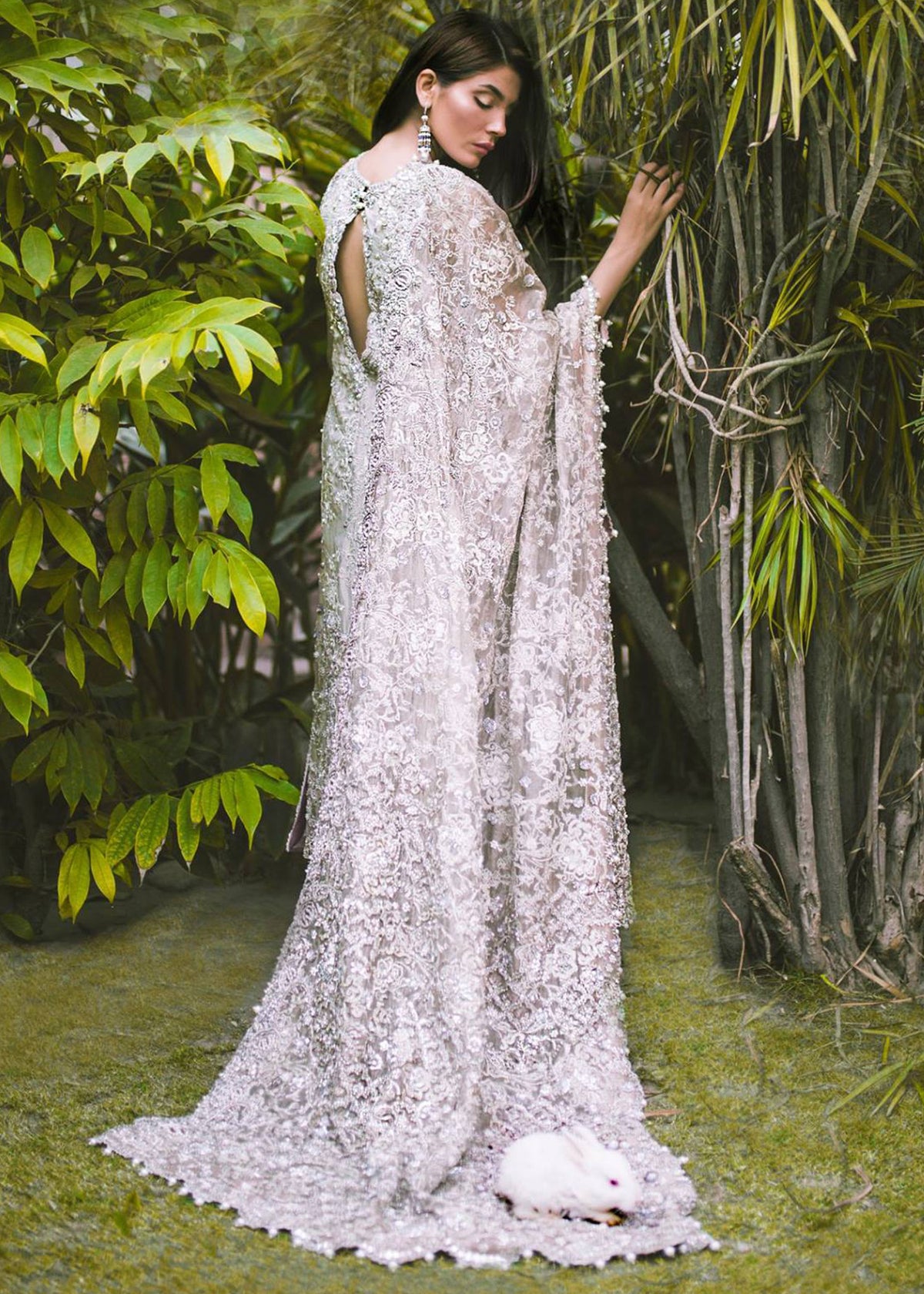 Pearl White by Sadaf Fawad Khan — Silver Organza Tissue Long Shirt Tulip Palazzo Dupatta | SFK Formal