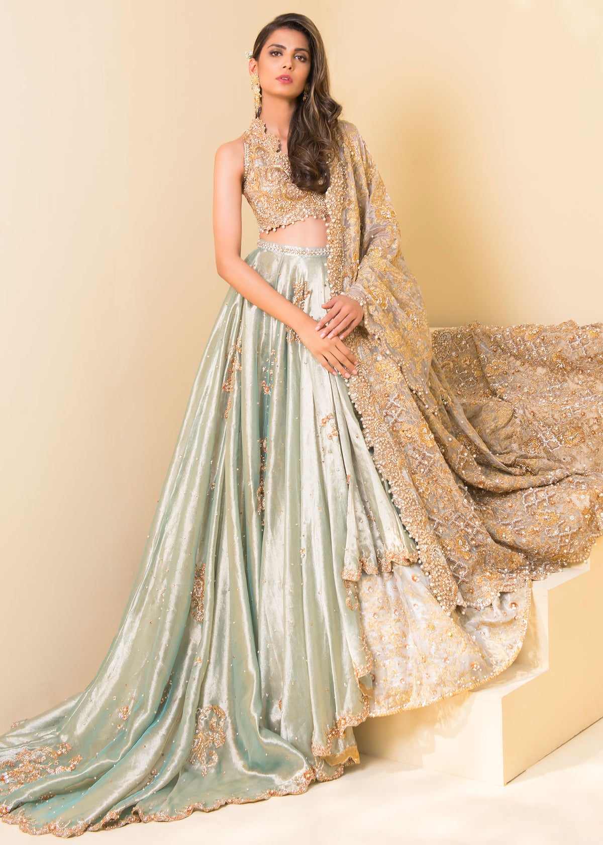 Sea Foam by Sadaf Fawad Khan — Sea Green Tissue Bridal Lehenga Asymmetric Floral | SFK Bridals