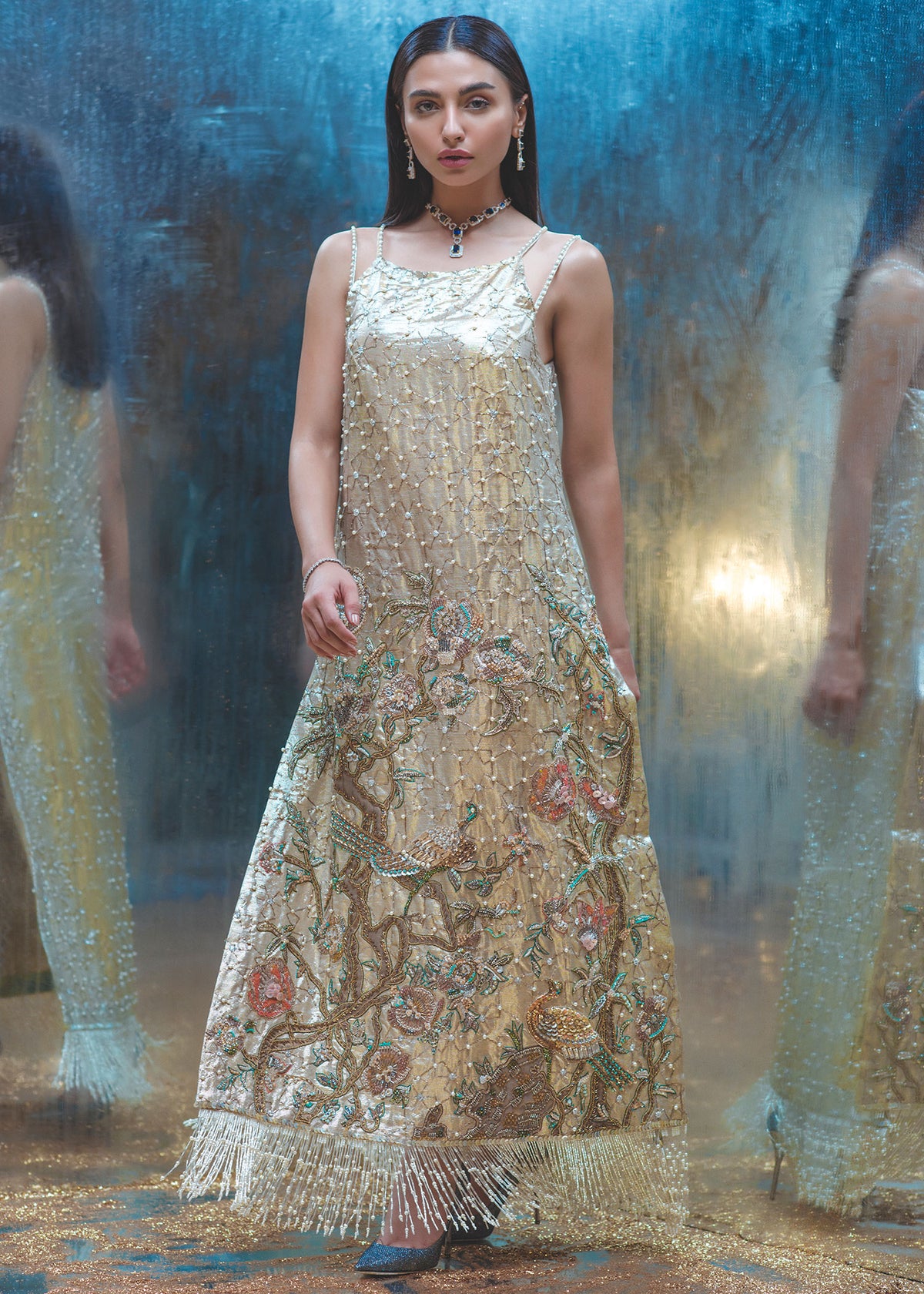 Garden of Eden by Sadaf Fawad Khan — Gold Tissue Brocade Formal Shirt & Pants | SFK