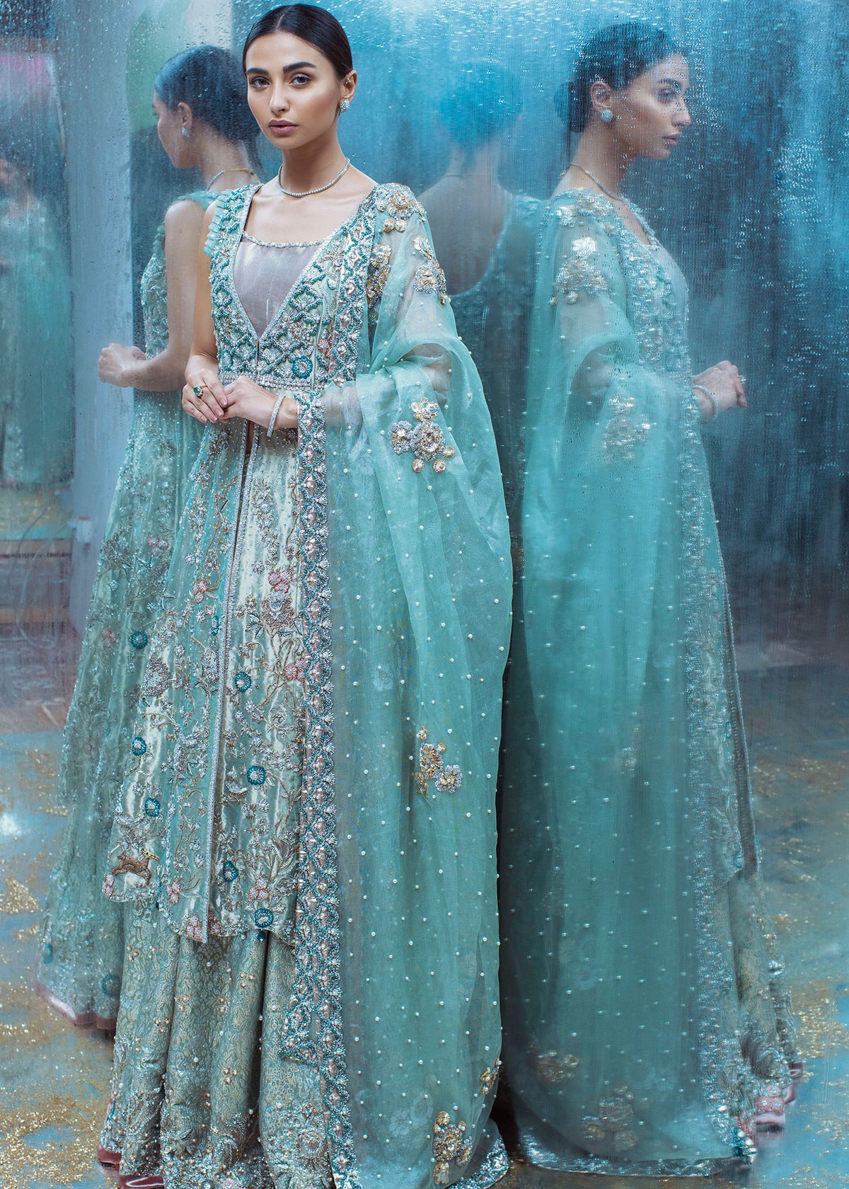 Ocean Flower by Sadaf Fawad Khan — Ice Blue Bridal Lehenga Crystal Yoke Tissue Organza | SFK
