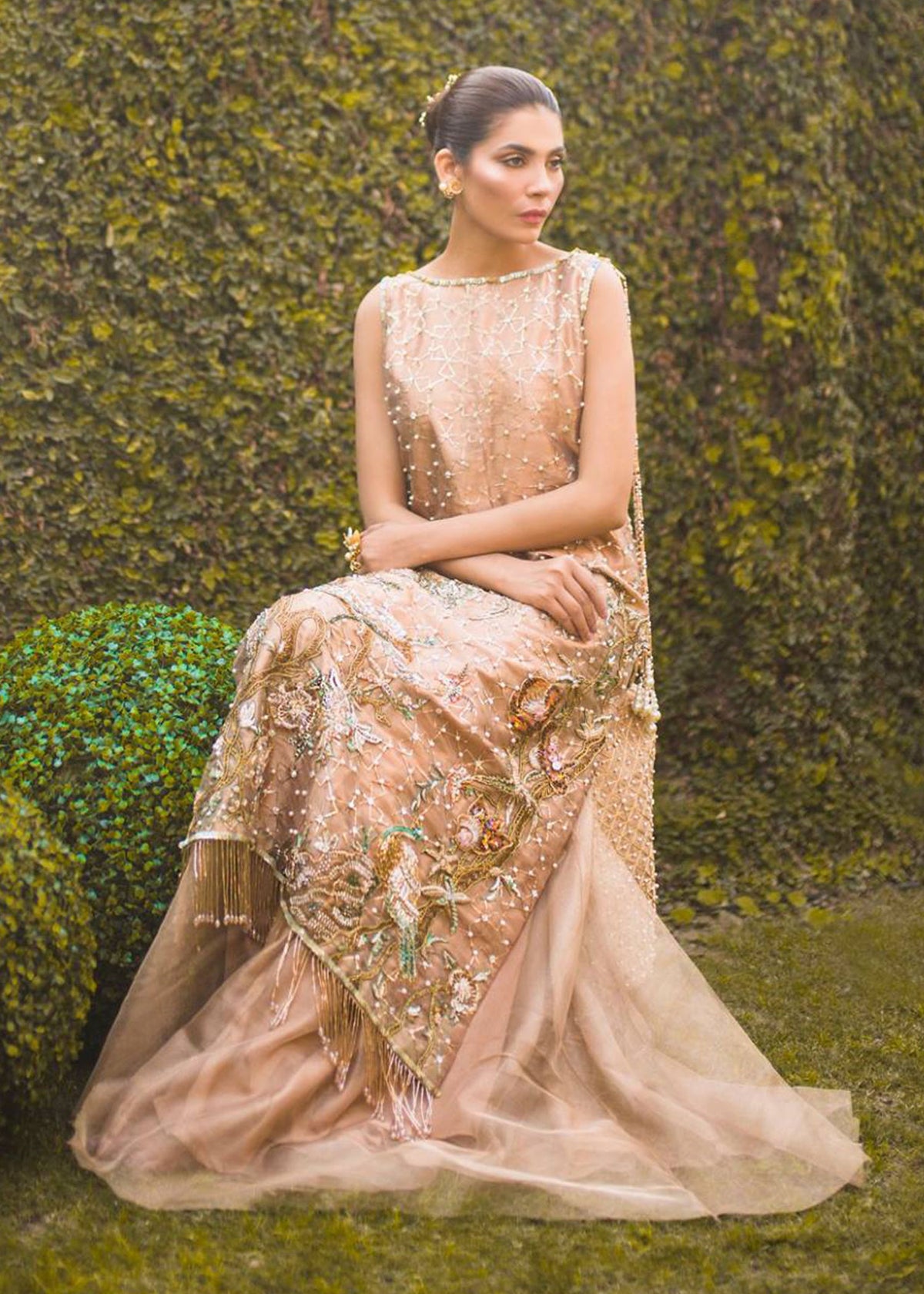 Golden Rouge by Sadaf Fawad Khan — Rose Gold Tissue Zari Net Formal Shirt & Sharara | SFK Formal