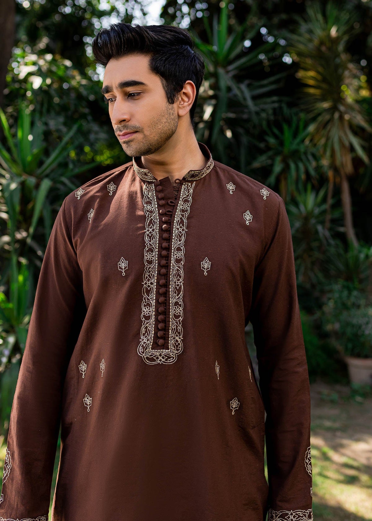 Chestnut Kurta by Sadaf Fawad Khan — side view | SFK Menswear