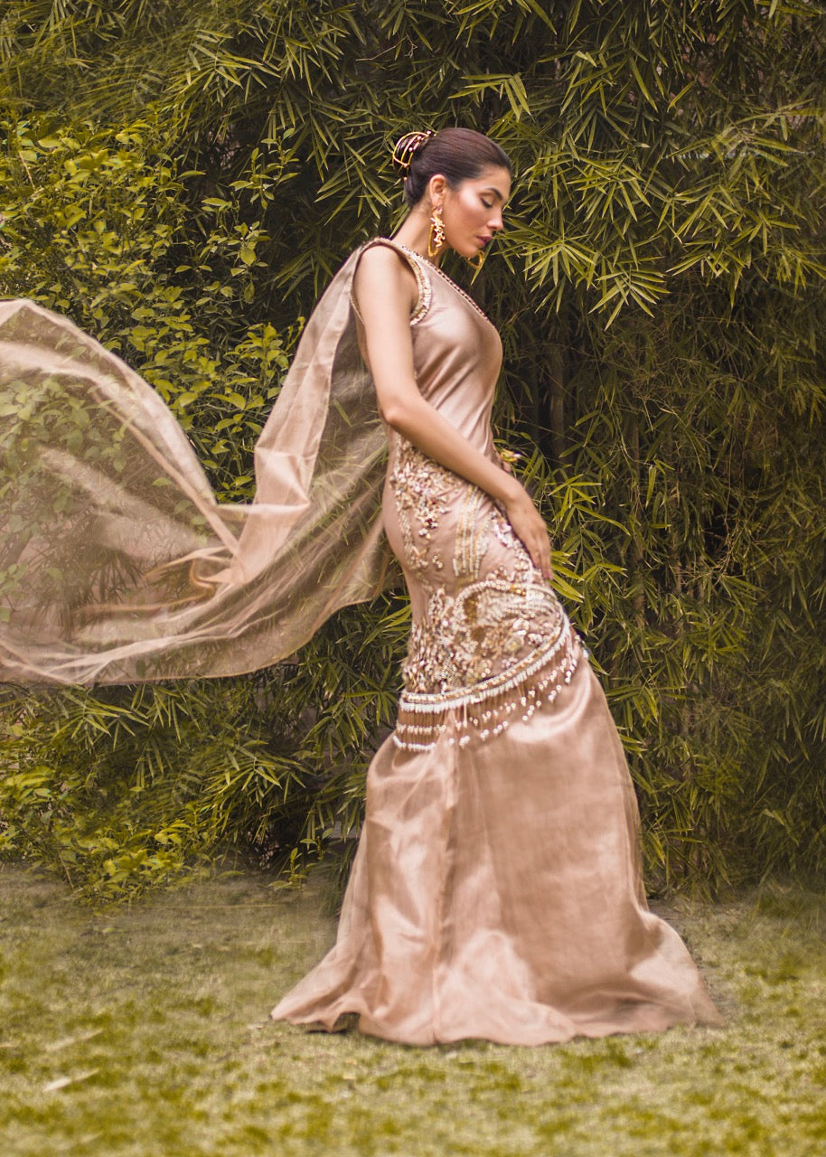 Peach Glory by Sadaf Fawad Khan — Rose Gold Zari Net Side Shoulder Formal Dress | SFK Formal