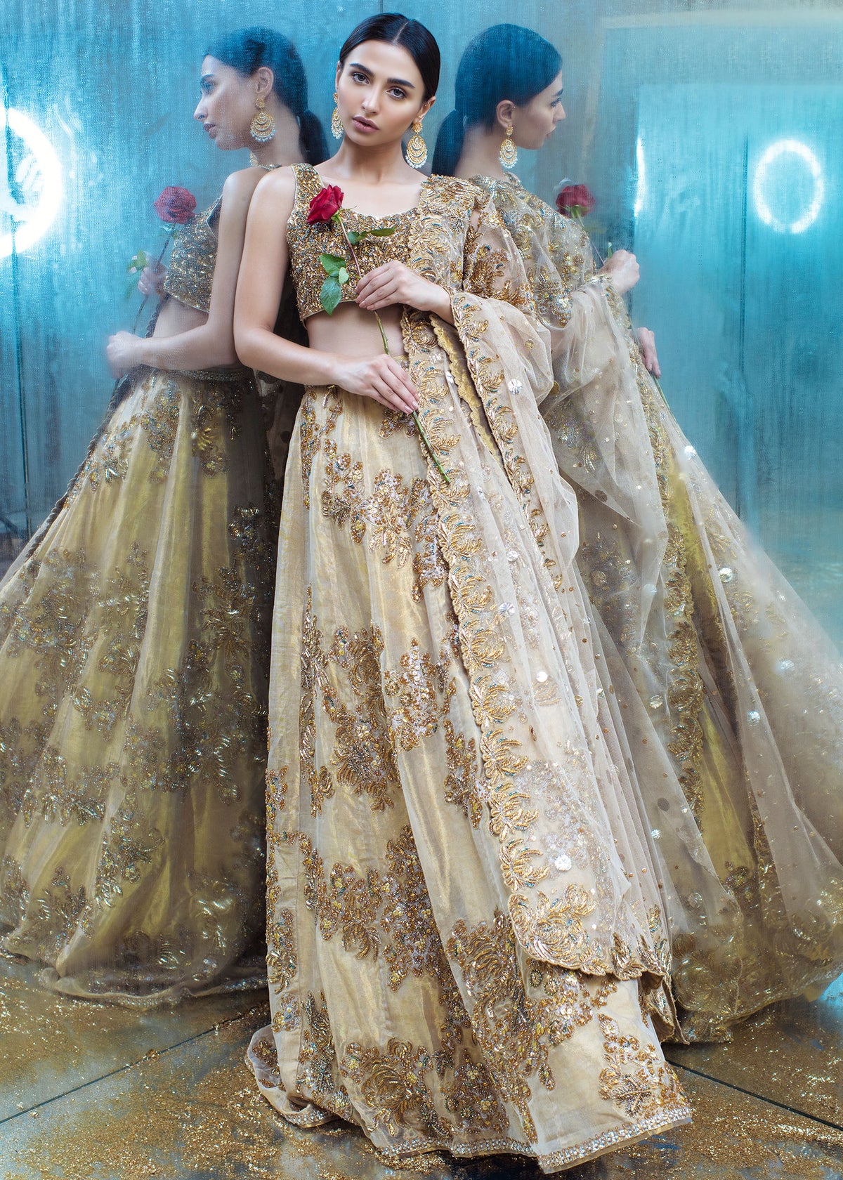 Floral Passion by Sadaf Fawad Khan — Gold Net Bridal Lehenga Choli Dupatta | SFK