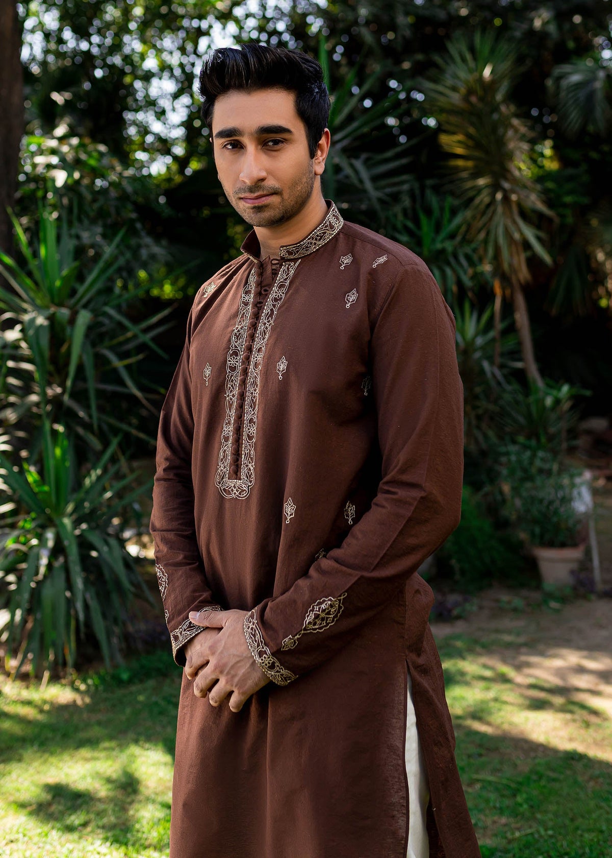 Chestnut Kurta by Sadaf Fawad Khan — full length view | SFK Menswear
