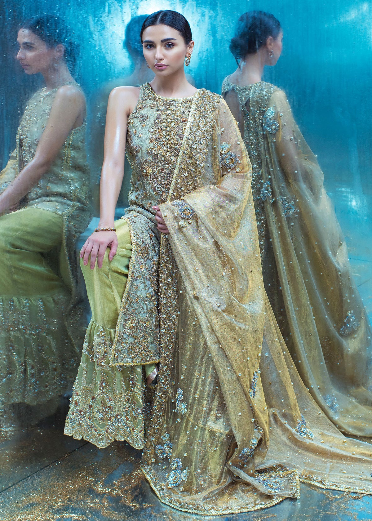 Endless Summer by Sadaf Fawad Khan — Gold Green Bridal Shararah Net Tissue | SFK