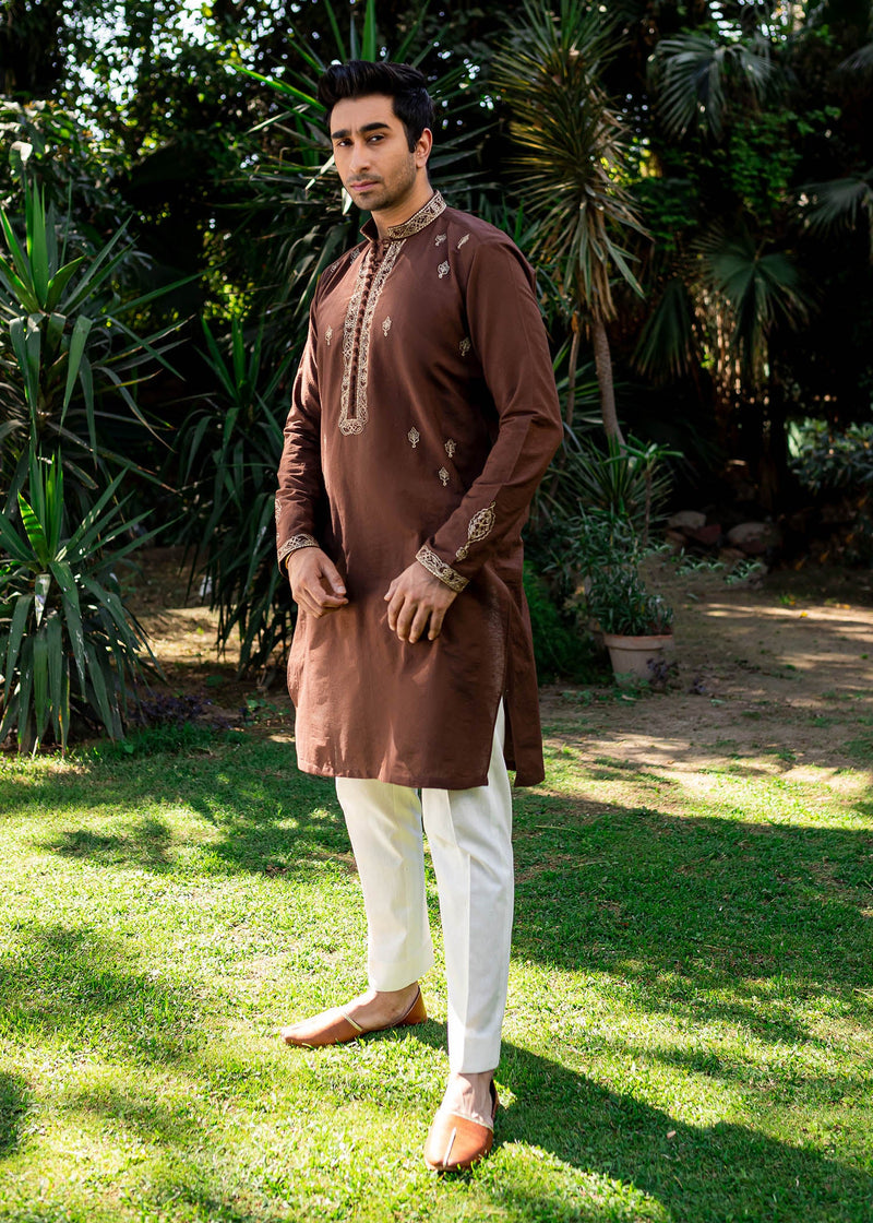 Chestnut Kurta by Sadaf Fawad Khan — detail view | SFK Menswear