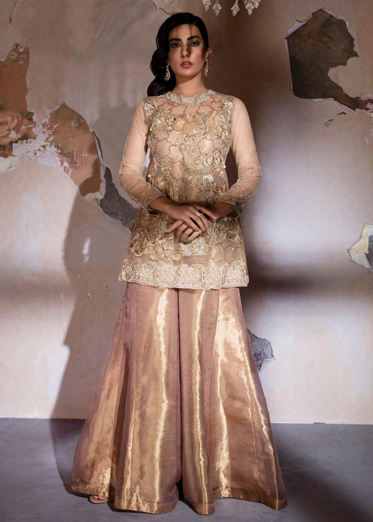 Rose Vine by Sadaf Fawad Khan — Beige Net Tissue Formal Shirt & Sharara | SFK