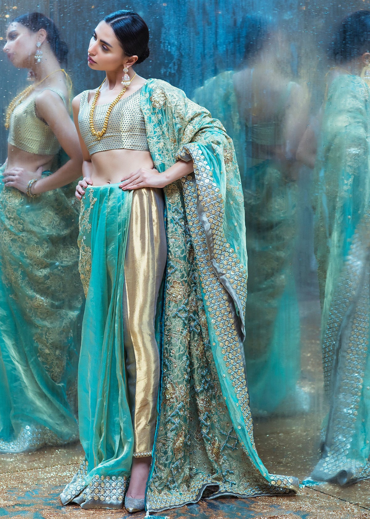 Jewels of the Sea by Sadaf Fawad Khan — Ferozi Gold Organza Gota Saree Blouse Pants | SFK Formal