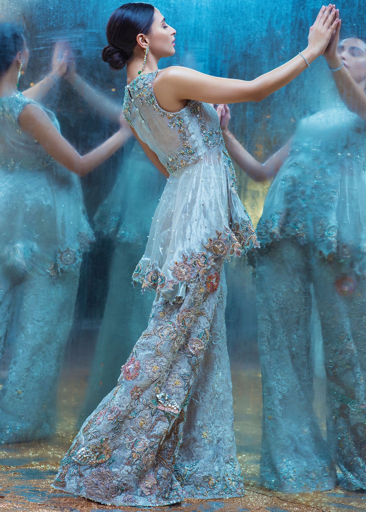 Adriatic Sea by Sadaf Fawad Khan — Turquoise Peacock Organza Peplum Formal | SFK