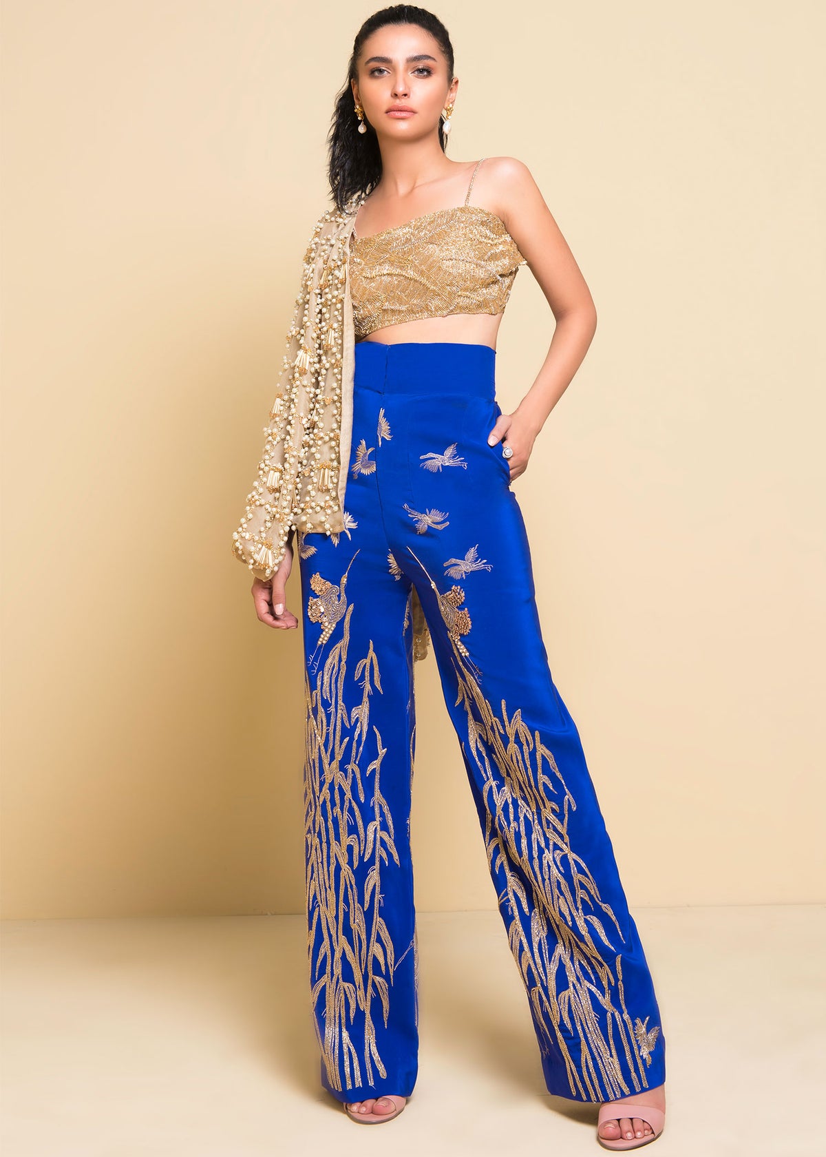 Cobalt Luster by Sadaf Fawad Khan — Electric Blue Gold Tissue Raw Silk Crop Top Pants Jacket | SFK