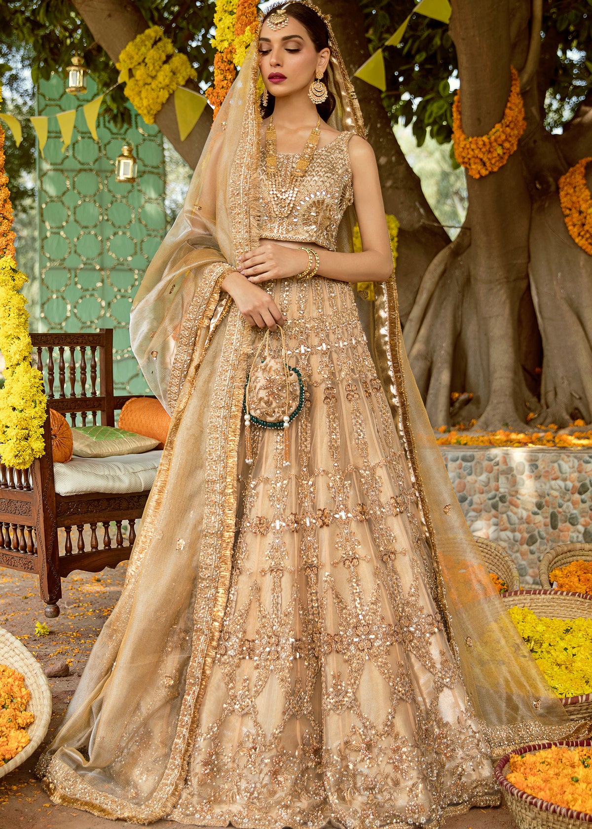 Sandcastle Bridal by Sadaf Fawad Khan — Sandy Nude Embellished Bridal Couture | SFK Bridals