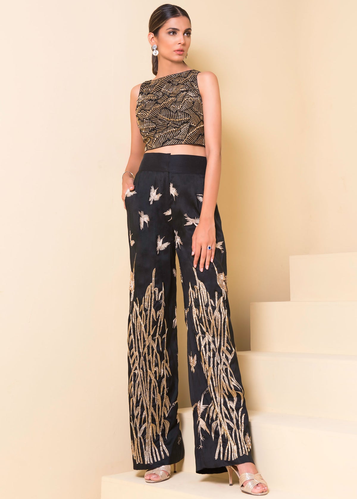 Black Rose by Sadaf Fawad Khan — Black Gold Korean Raw Silk Blouse & Pants | SFK Formal