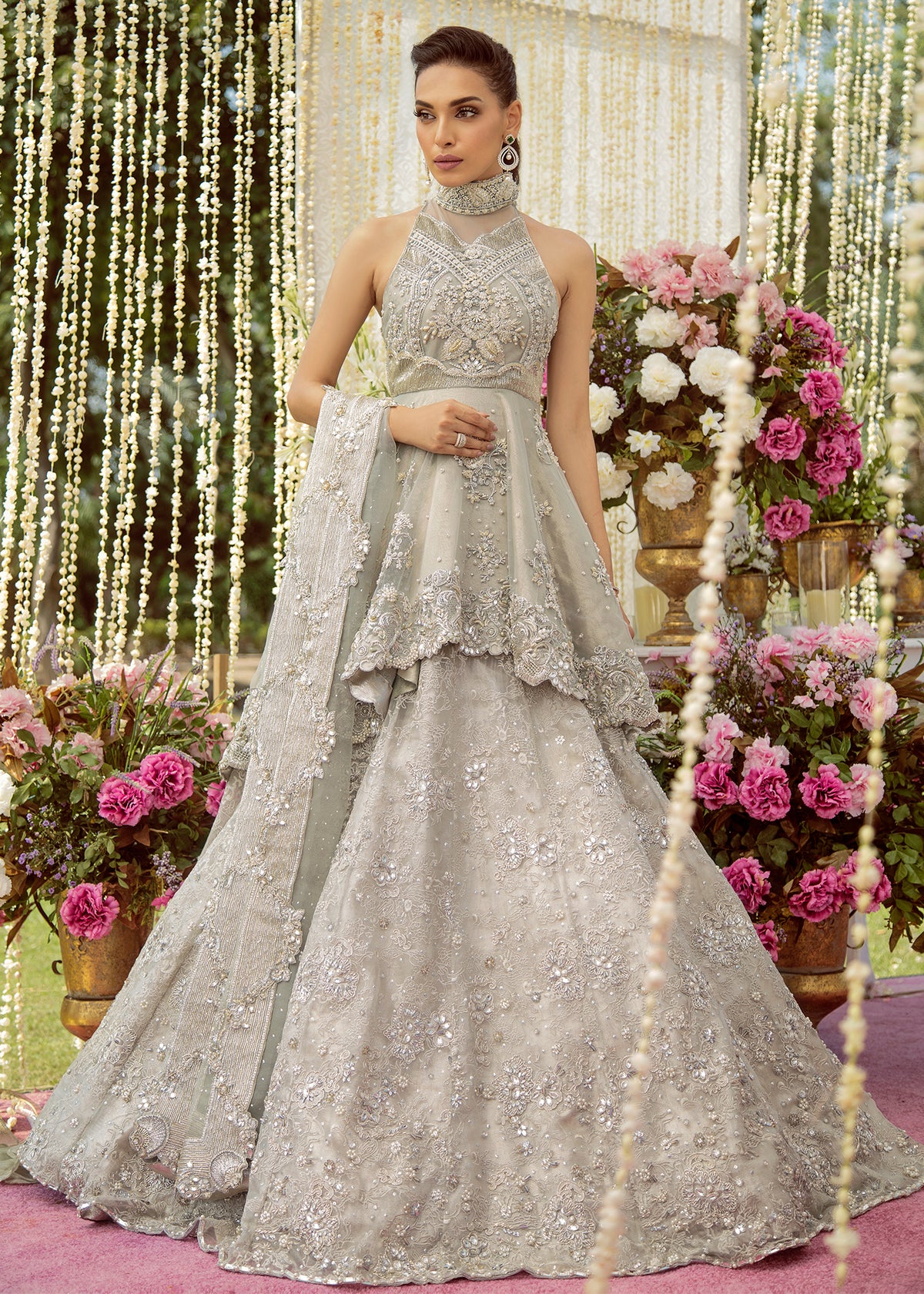 Snowflake Bridal by Sadaf Fawad Khan — Mint Silver Embellished Bridal Lehenga | SFK Bridals
