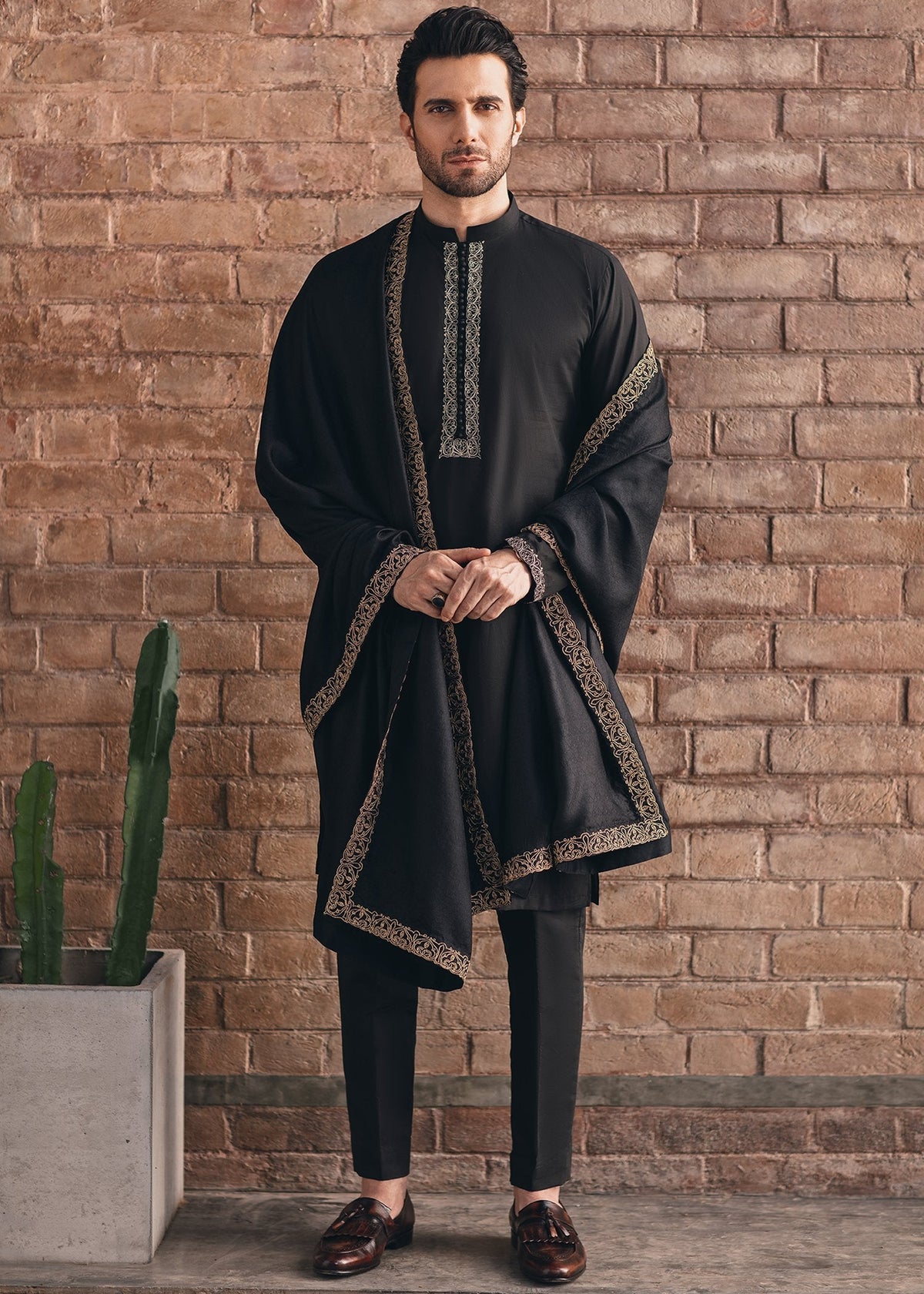 Charcoal Shawl by Sadaf Fawad Khan — Luxury Embellished Charcoal Shawl | SFK