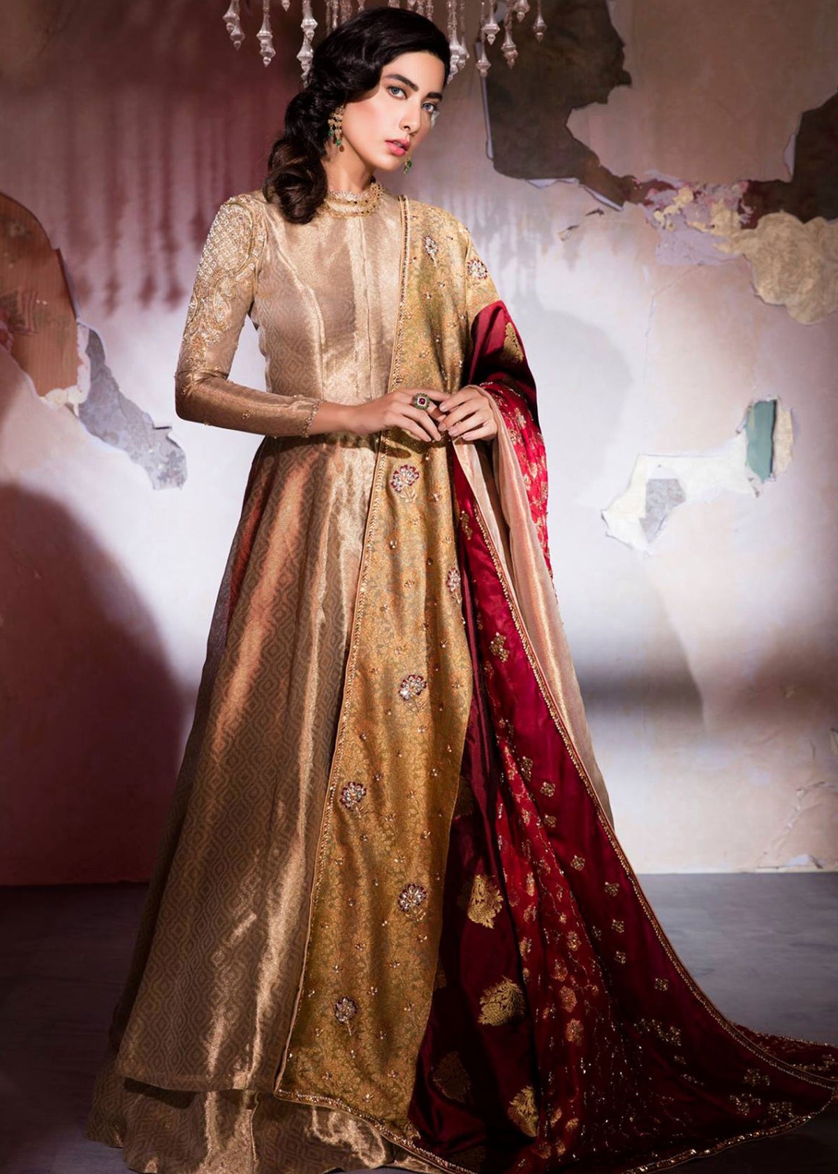 Liquid Gold by Sadaf Fawad Khan — Gold Tissue Brocade Peshwas & Dupatta | SFK Formal