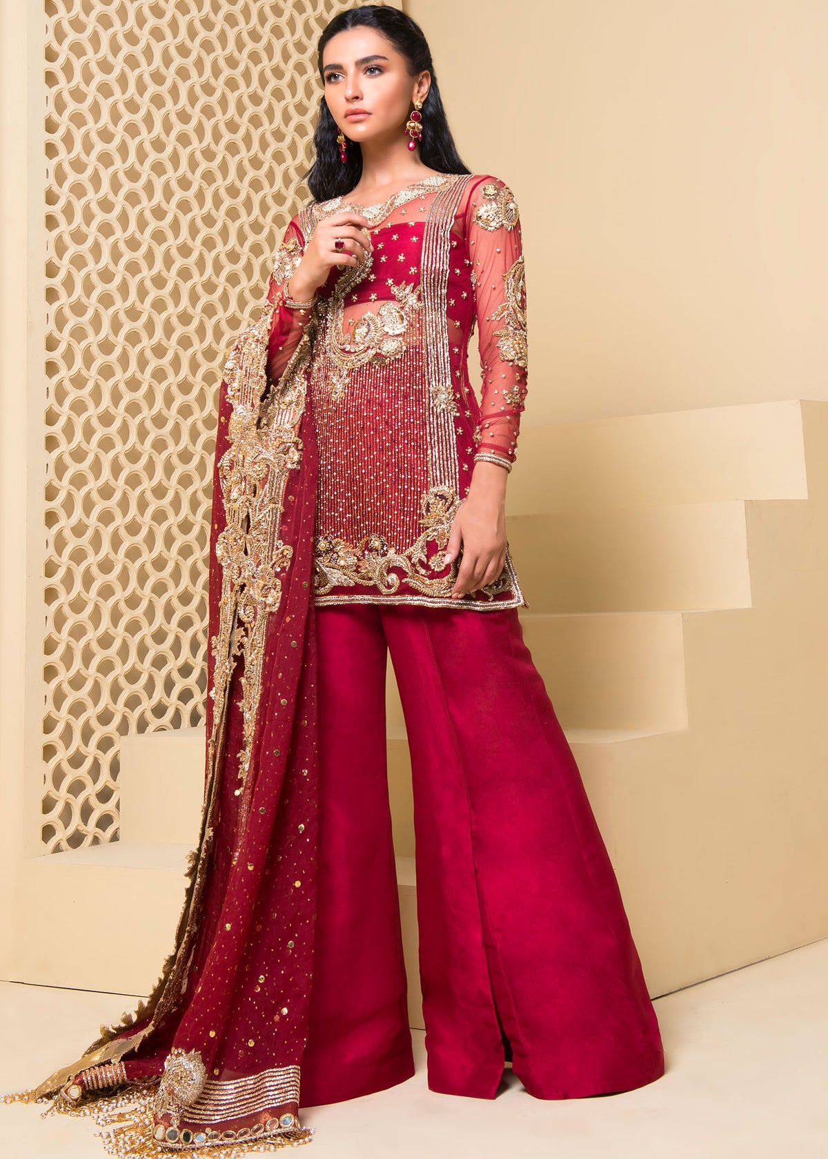 Ochre Glory by Sadaf Fawad Khan — Red Raw Silk Formal Shirt & Pants Rose Vine | SFK Formal