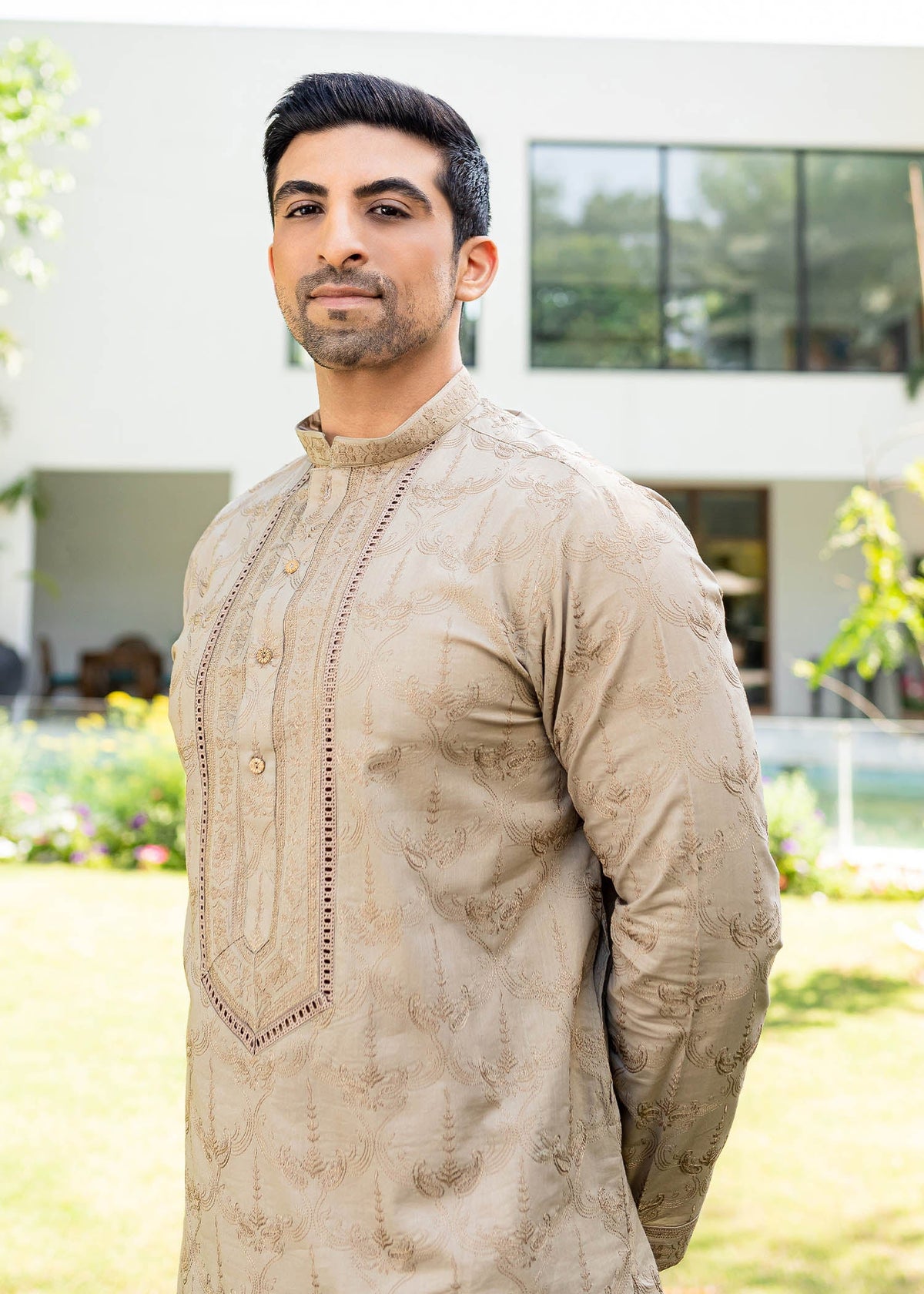 Greige by Sadaf Fawad Khan — side view | SFK Menswear
