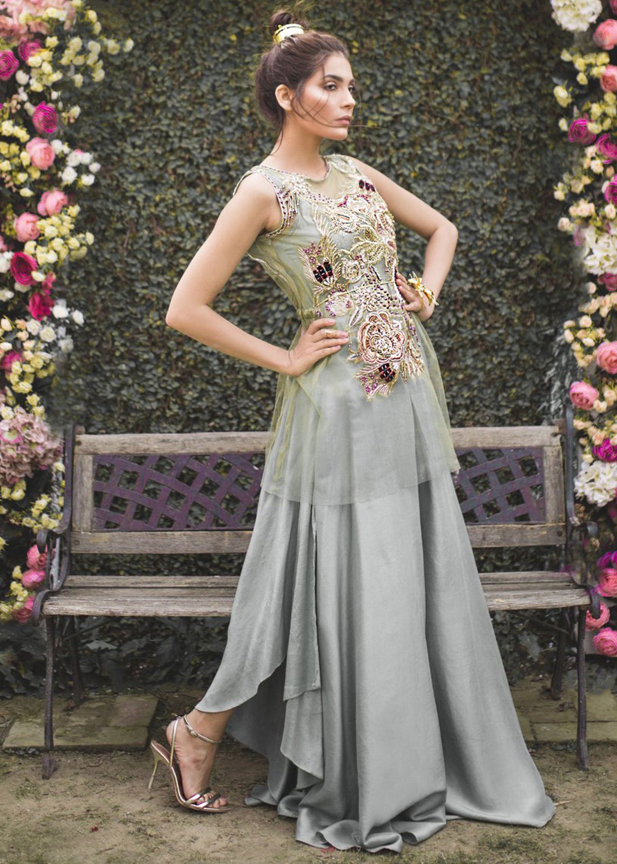 Sweet Surrender by Sadaf Fawad Khan — Pistachio Green Net Silk Tulip Palazzo Pants | SFK Luxury Pret