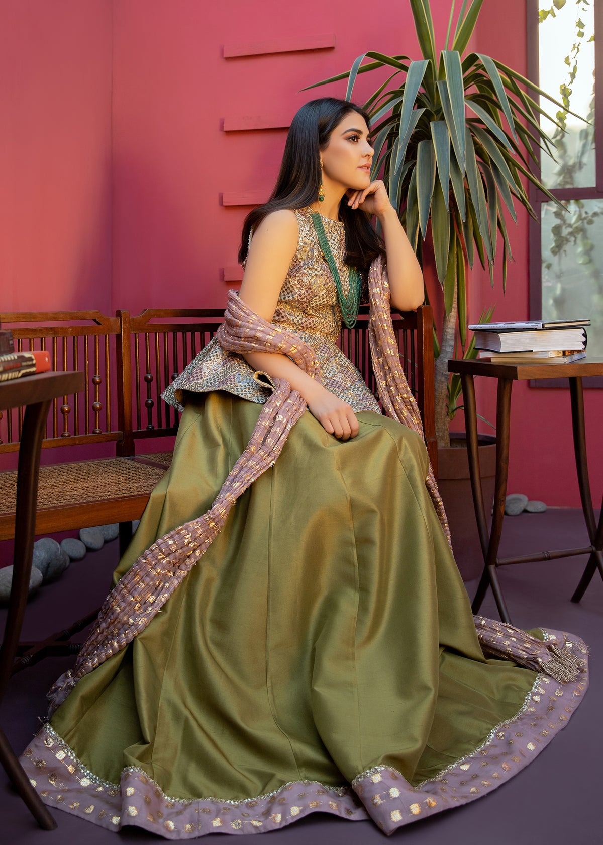 Olive Garden by Sadaf Fawad Khan — Olive Green Embellished Formal Outfit | SFK Formal