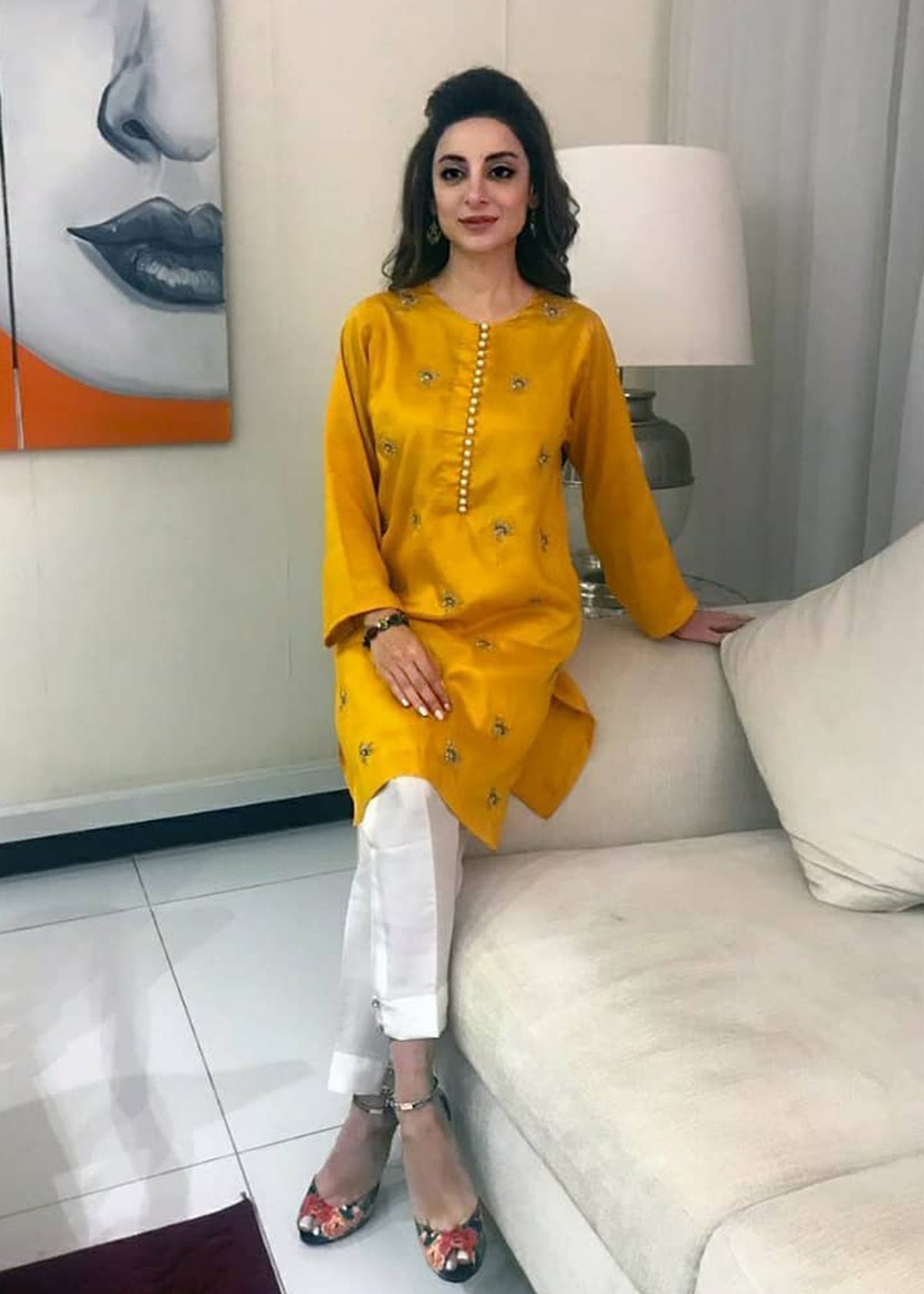 Sheen Gold Kurta by Sadaf Fawad Khan — Gold Embellished Signature Kurta | SFK Pret