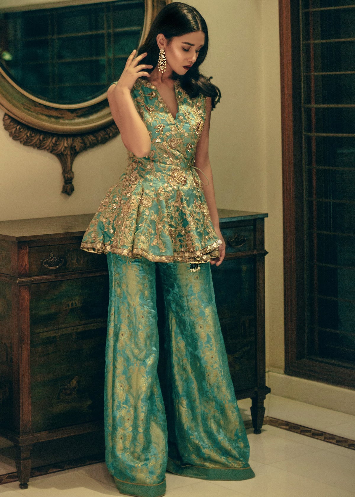 Bejewelled Peplum by Sadaf Fawad Khan — Sea Green Tissue Brocade Peplum & Pants | SFK Formal