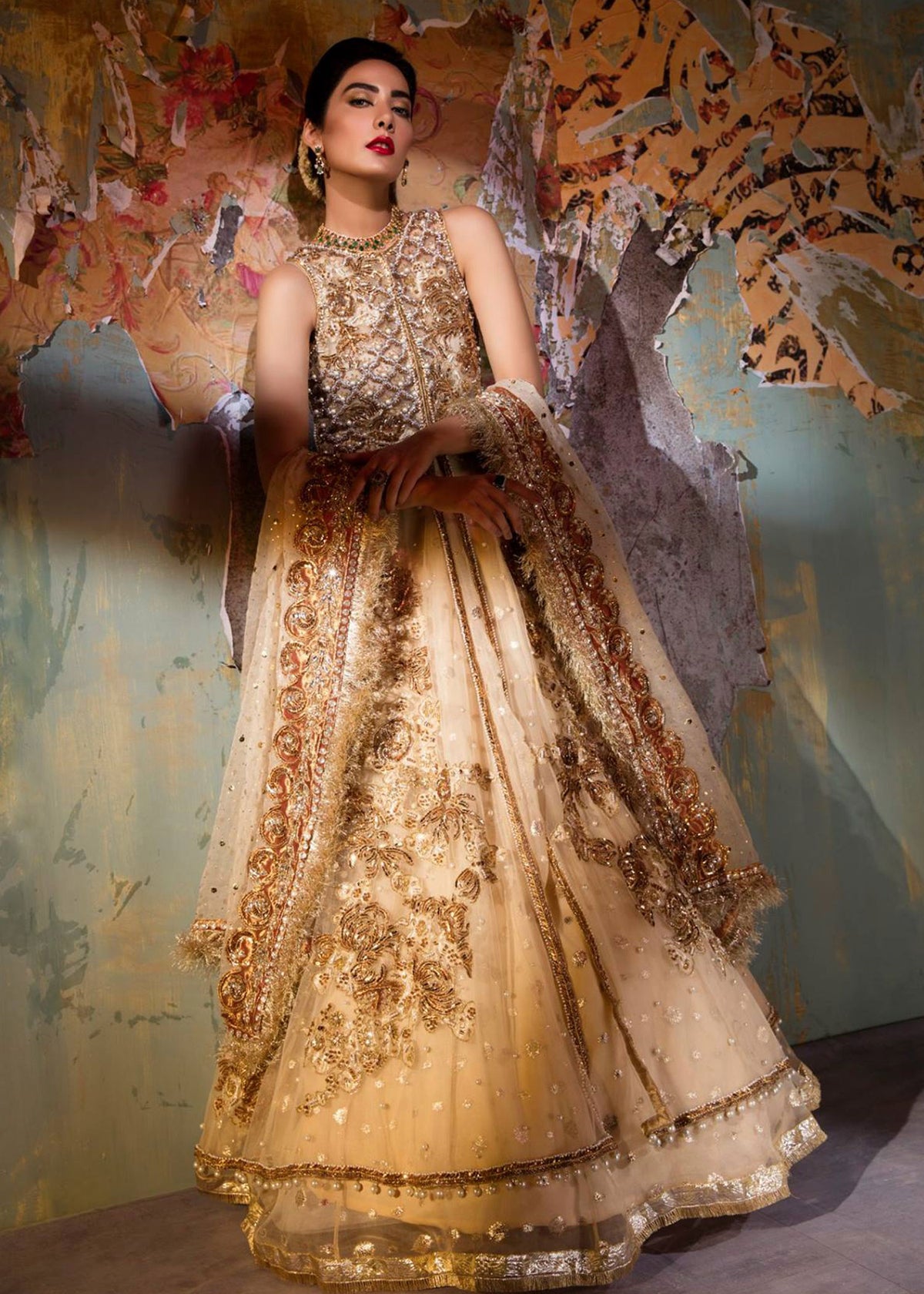 Rolling in Roses by Sadaf Fawad Khan — Gold Bridal Lehenga Kiran Mukesh Dupatta | SFK Bridals