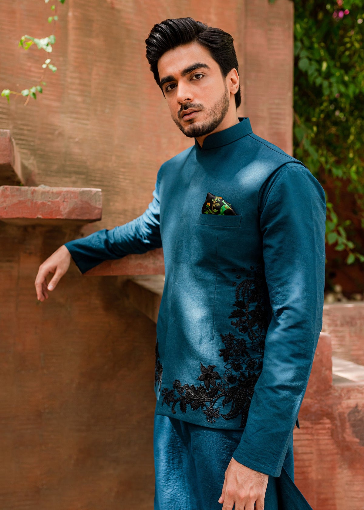 Deep Water Waistcoat by Sadaf Fawad Khan — side view | SFK Menswear