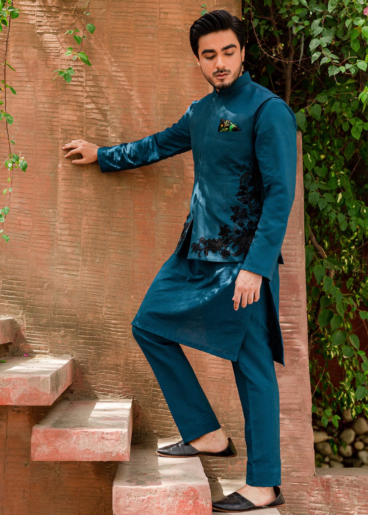 Deep Water Kurta by Sadaf Fawad Khan — side view | SFK Menswear