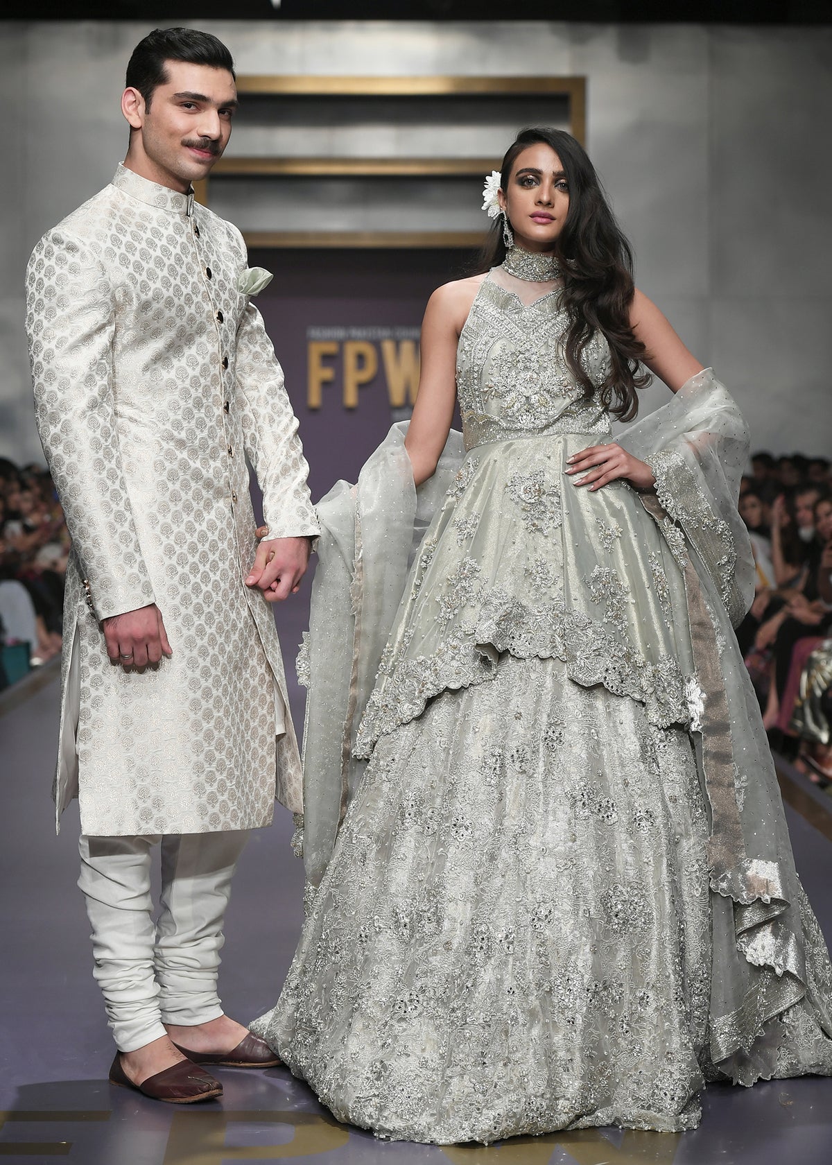 Snowflake Bridal Pret by Sadaf Fawad Khan — Mint Silver Embellished Bridal Lehenga | SFK Bridals