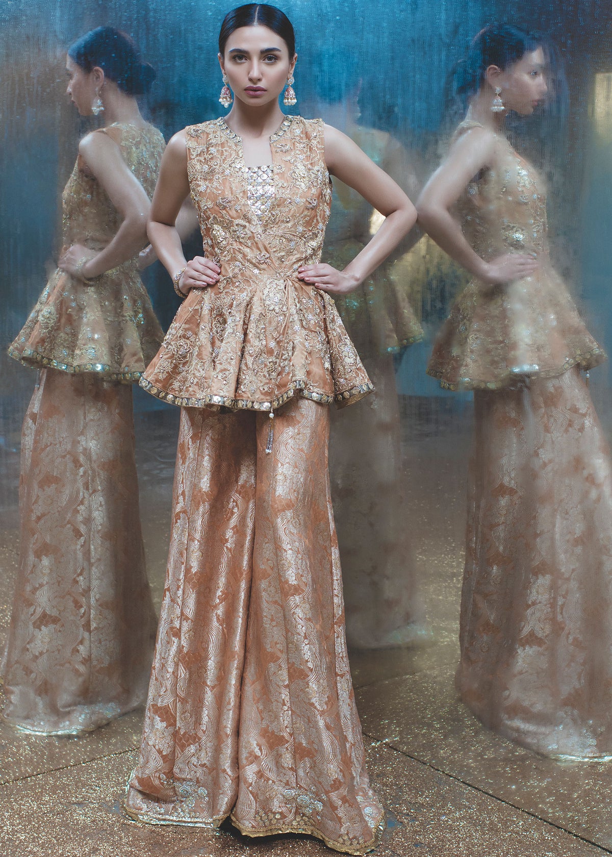 Twilight Glory by Sadaf Fawad Khan — Burnt Orange Organza Brocade Peplum & Pants | SFK Formal