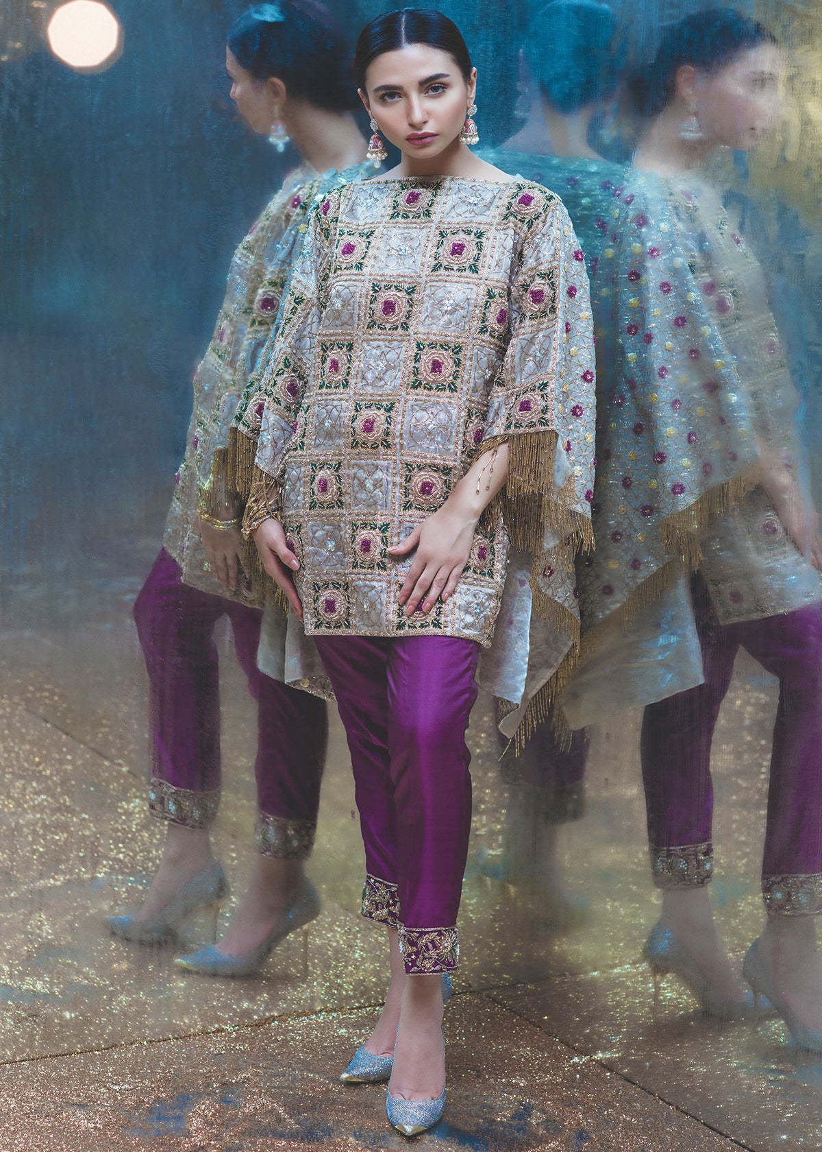 Amethyst Splendour by Sadaf Fawad Khan — Ivory Purple Embellished Shirt & Pants | SFK Formal