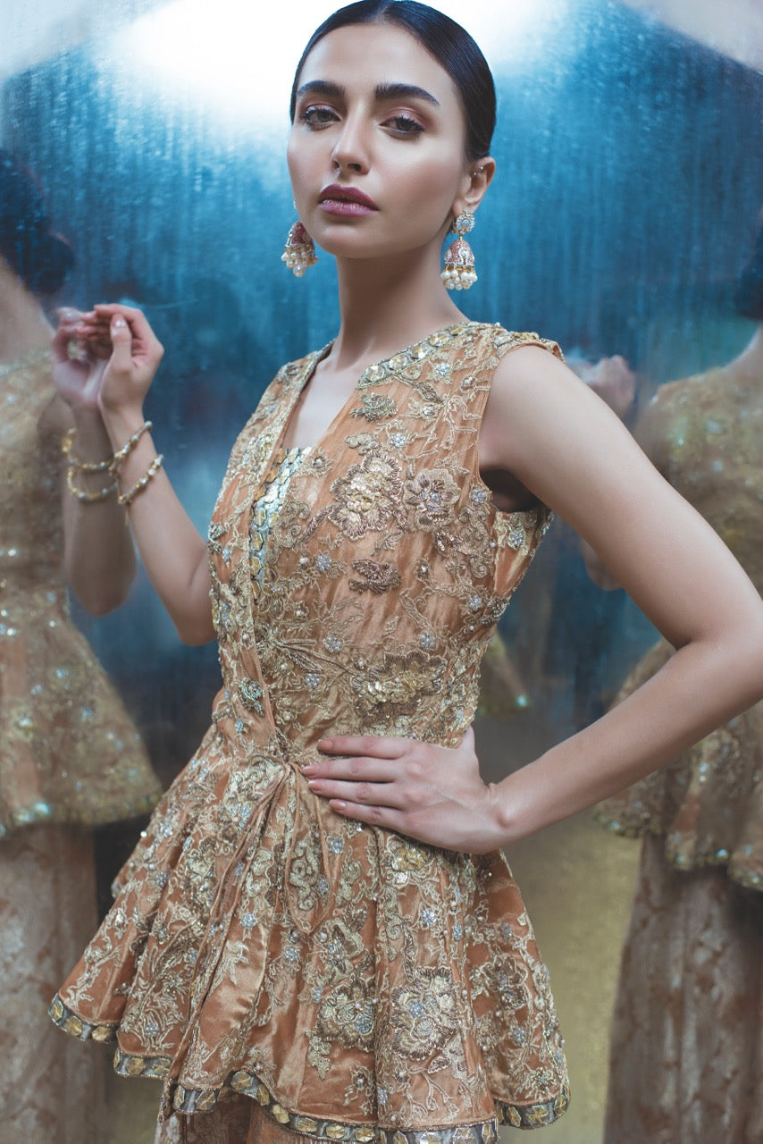 Peach Embellished Gharara Formal Set by Sadaf Fawad Khan — side view | SFK Formal