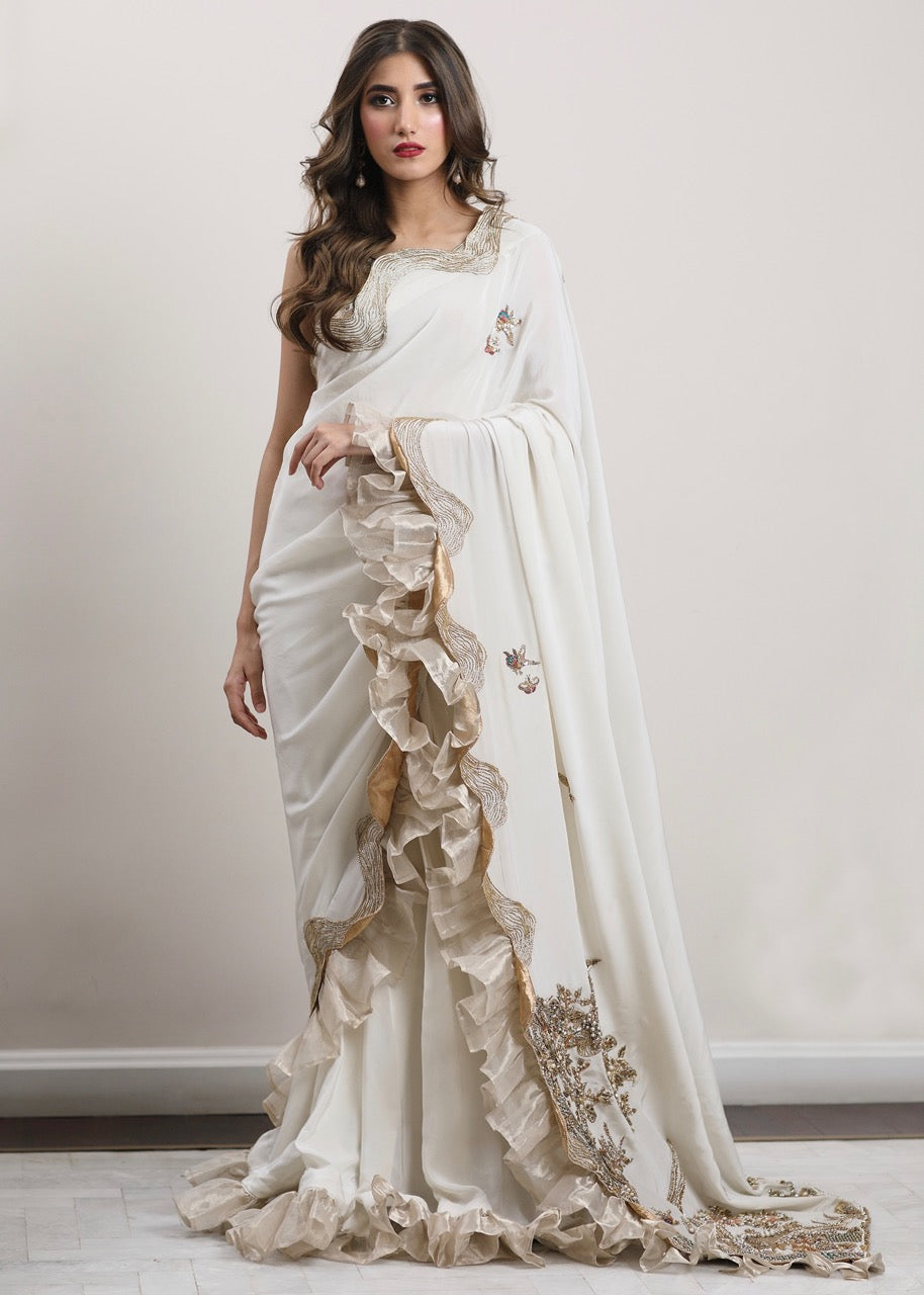 Madonna Lilly by Sadaf Fawad Khan — White Handworked Ruffle Saree Blouse | SFK Formal