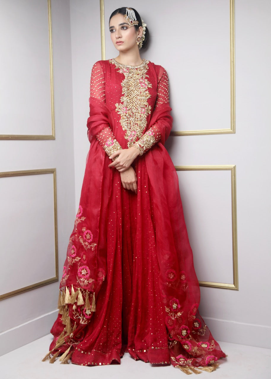 Rose Glare by Sadaf Fawad Khan — Red Chiffon Organza Embroidered Peshwas & Dupatta | SFK Formal