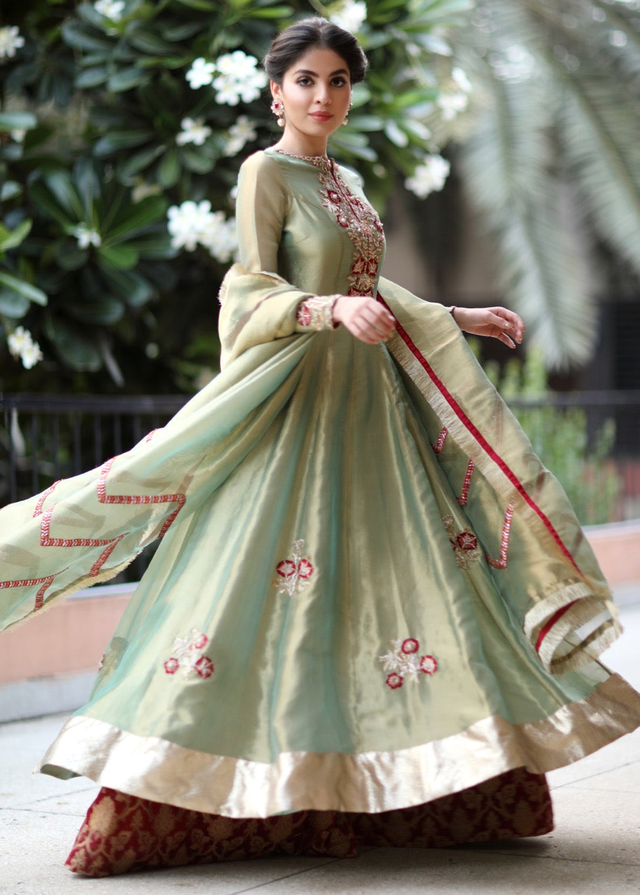 Mint Symphony by Sadaf Fawad Khan — Pistachio Green Tissue Brocade Peshwas & Dupatta | SFK Formal