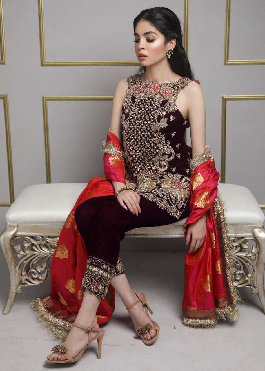 Plum Allure by Sadaf Fawad Khan — Magenta Velvet Embellished Shirt Pants Banarsi Dupatta | SFK Formal