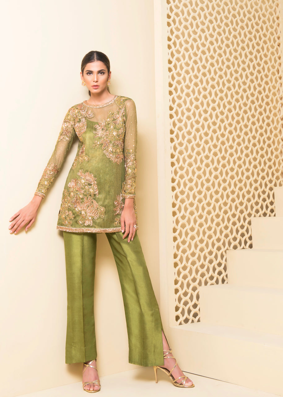 Olive Grove by Sadaf Fawad Khan — Olive Green Zari Net Raw Silk Formal Shirt & Pants | SFK Formal