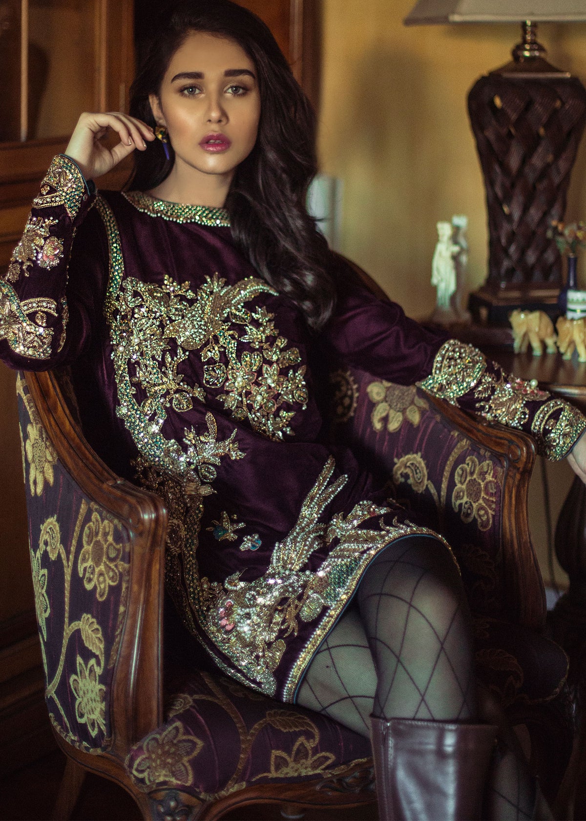 Bird Shirt by Sadaf Fawad Khan — Purple Velvet Embroidered Bird Motif Shirt | SFK Formal