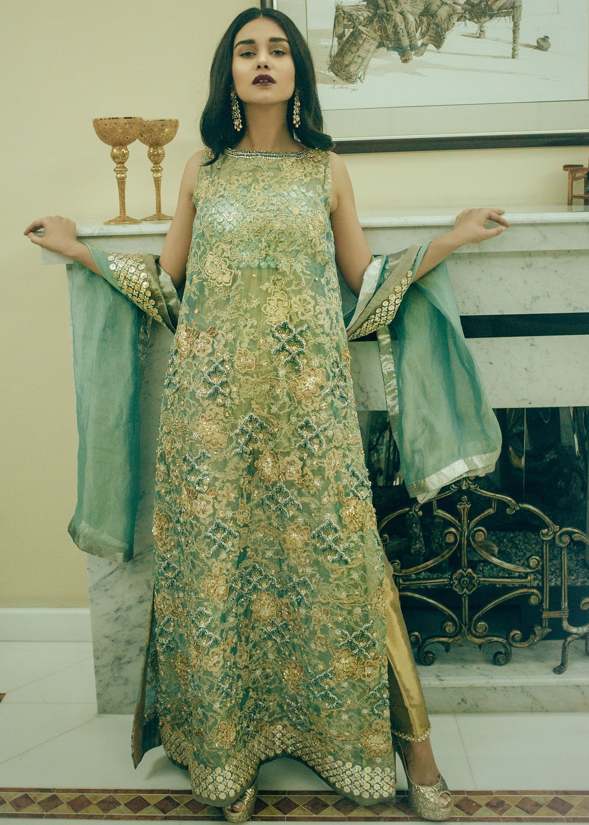 Flower Child by Sadaf Fawad Khan — Mint Tissue Formal Maxi Shirt Pants Dupatta | SFK
