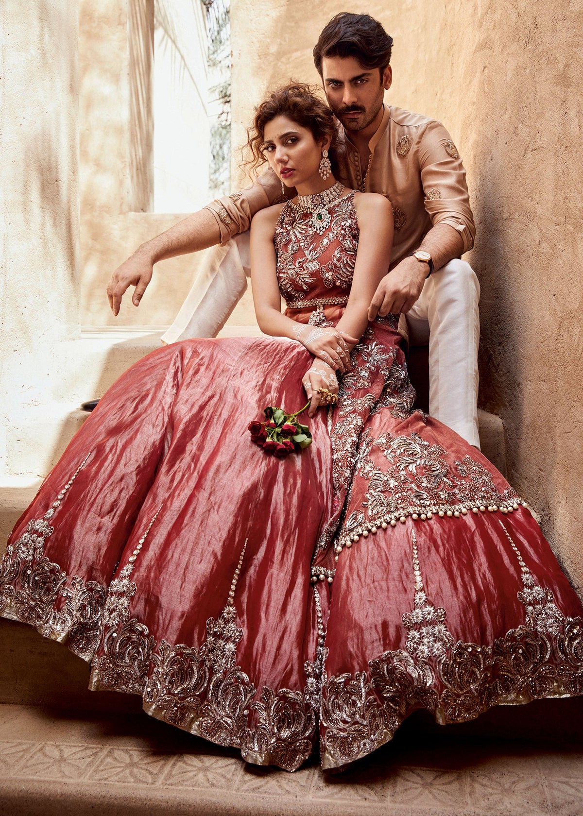 Blushing Rose by Sadaf Fawad Khan — Antique Rosewood Bridal Net Tissue Crystal Embellished | SFK Bridals