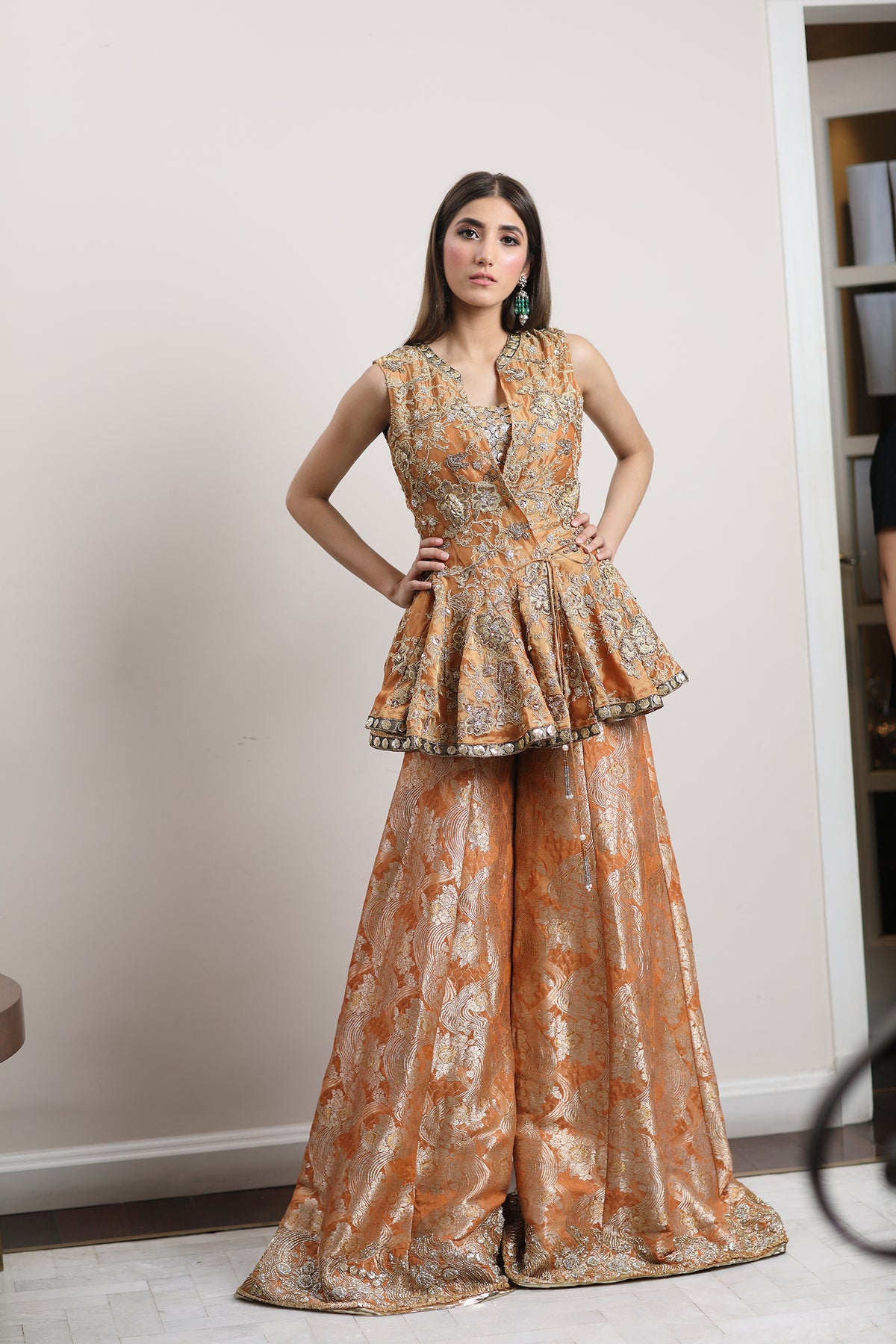 Peach Embellished Gharara Formal Set by Sadaf Fawad Khan — full length view | SFK Formal
