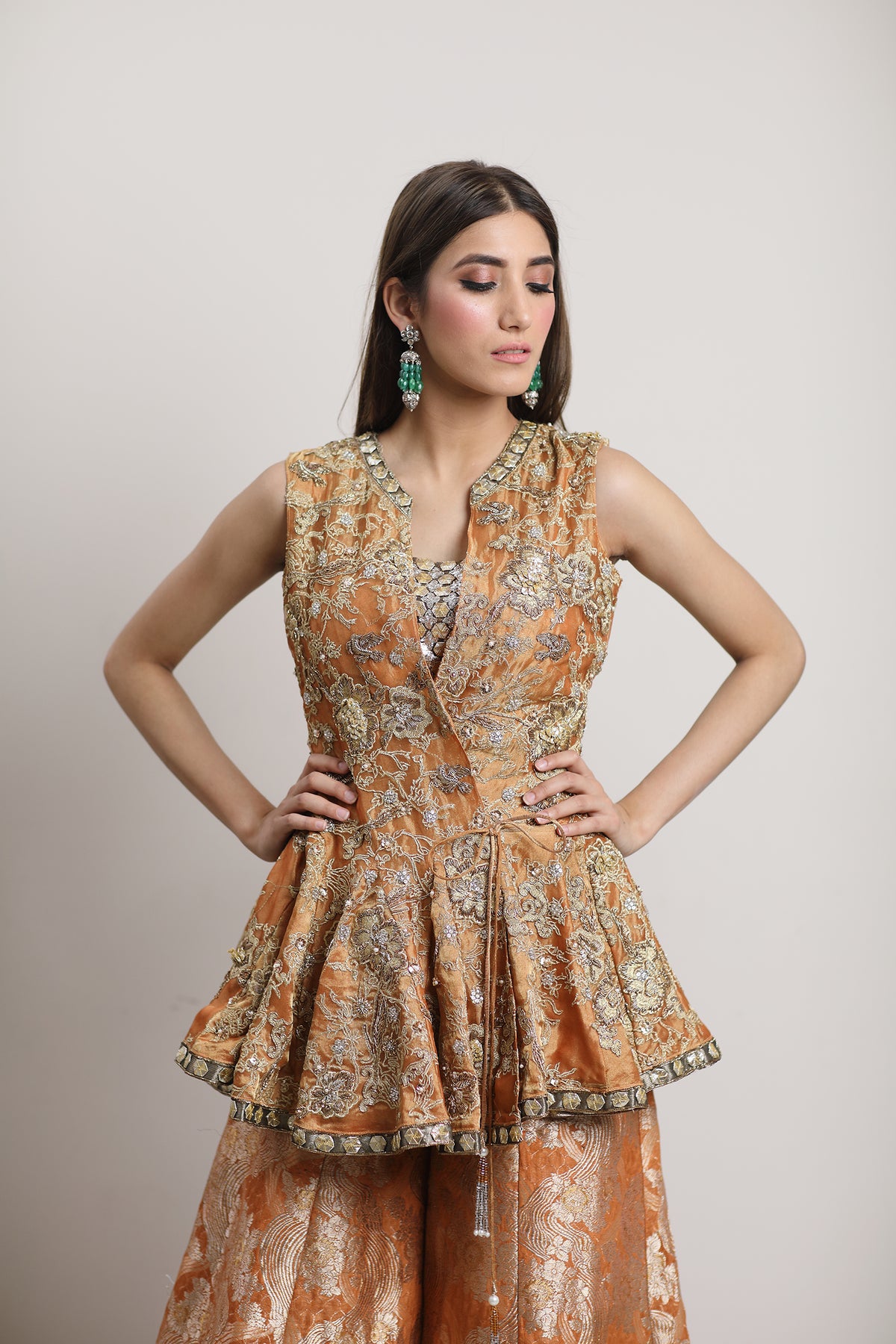 Peach Embellished Gharara Formal Set by Sadaf Fawad Khan — detail view | SFK Formal