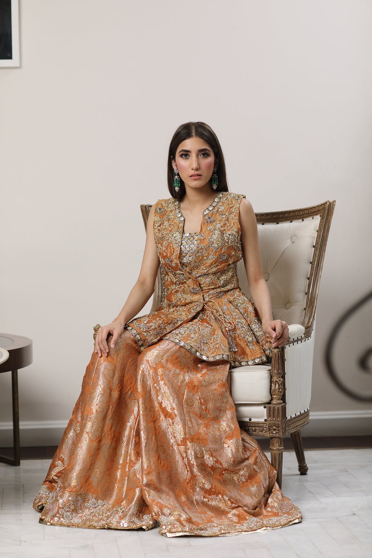 Peach Embellished Gharara Formal Set by Sadaf Fawad Khan — close-up view | SFK Formal