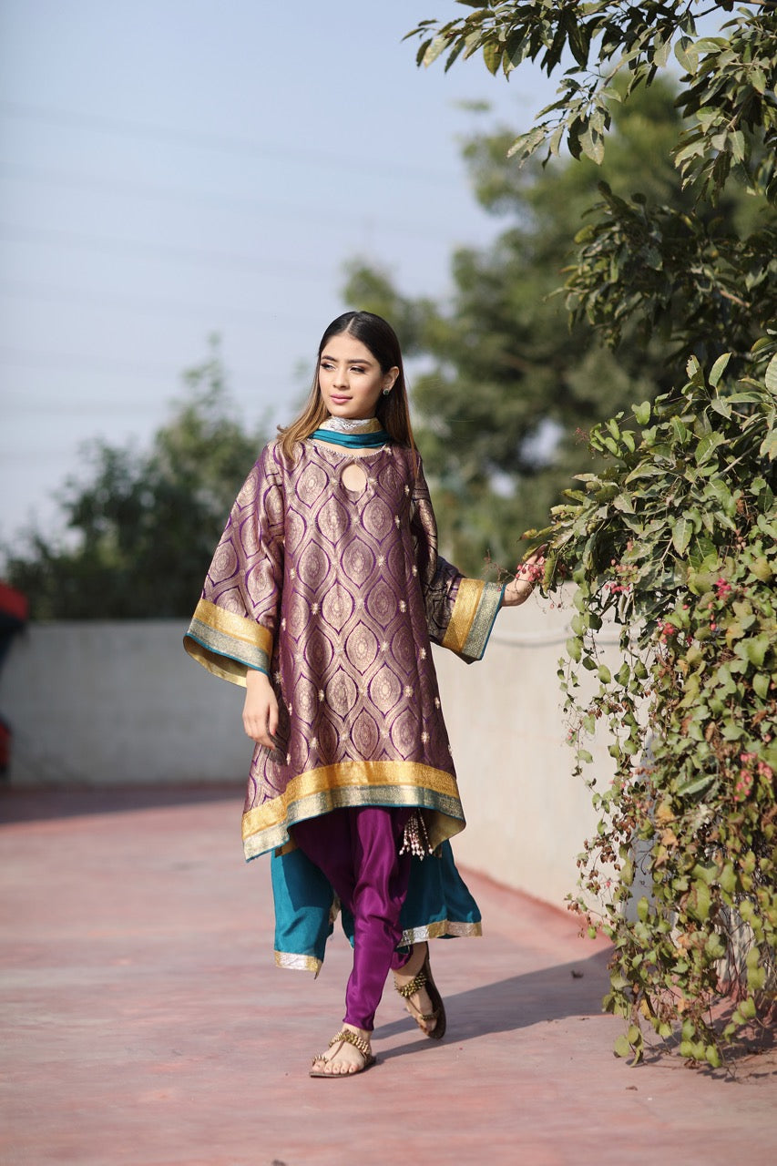 Star Burst Zardozi Purple by Sadaf Fawad Khan — Purple Brocade Tunic Grip Pants Silk Dupatta | SFK