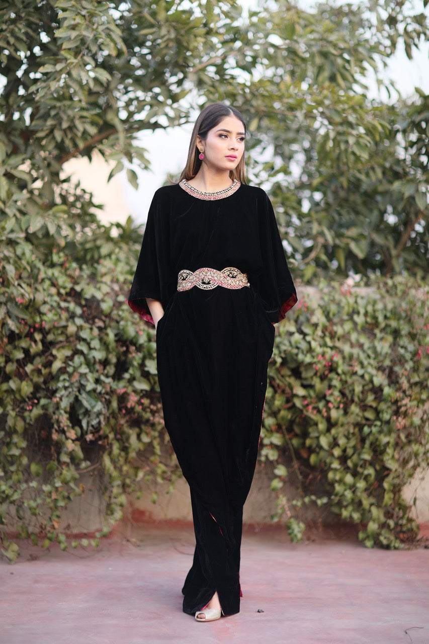 Asymmetric Belted Cape by Sadaf Fawad Khan — Black Velvet Asymmetric Cape Boot Cut Pants | SFK